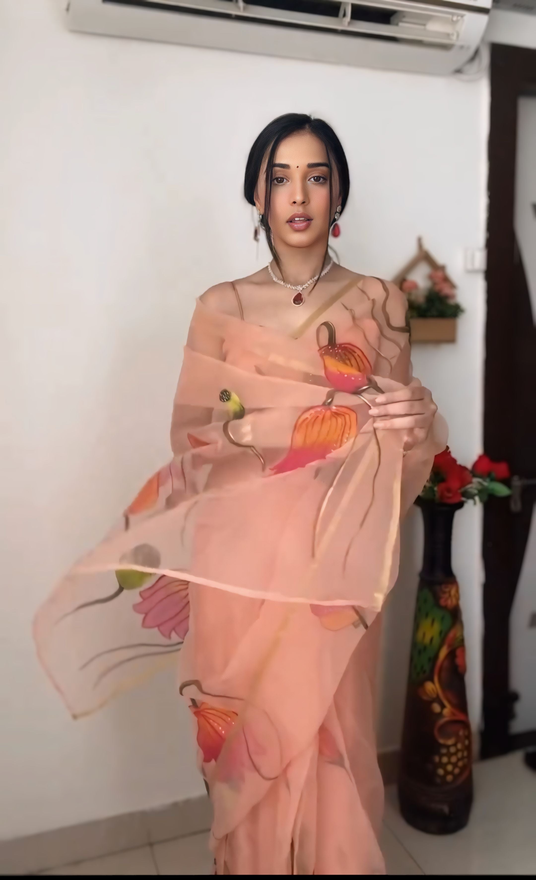 digital PeachLotus 1-Minute Ready To Wear Premium Organza Silk Print Saree