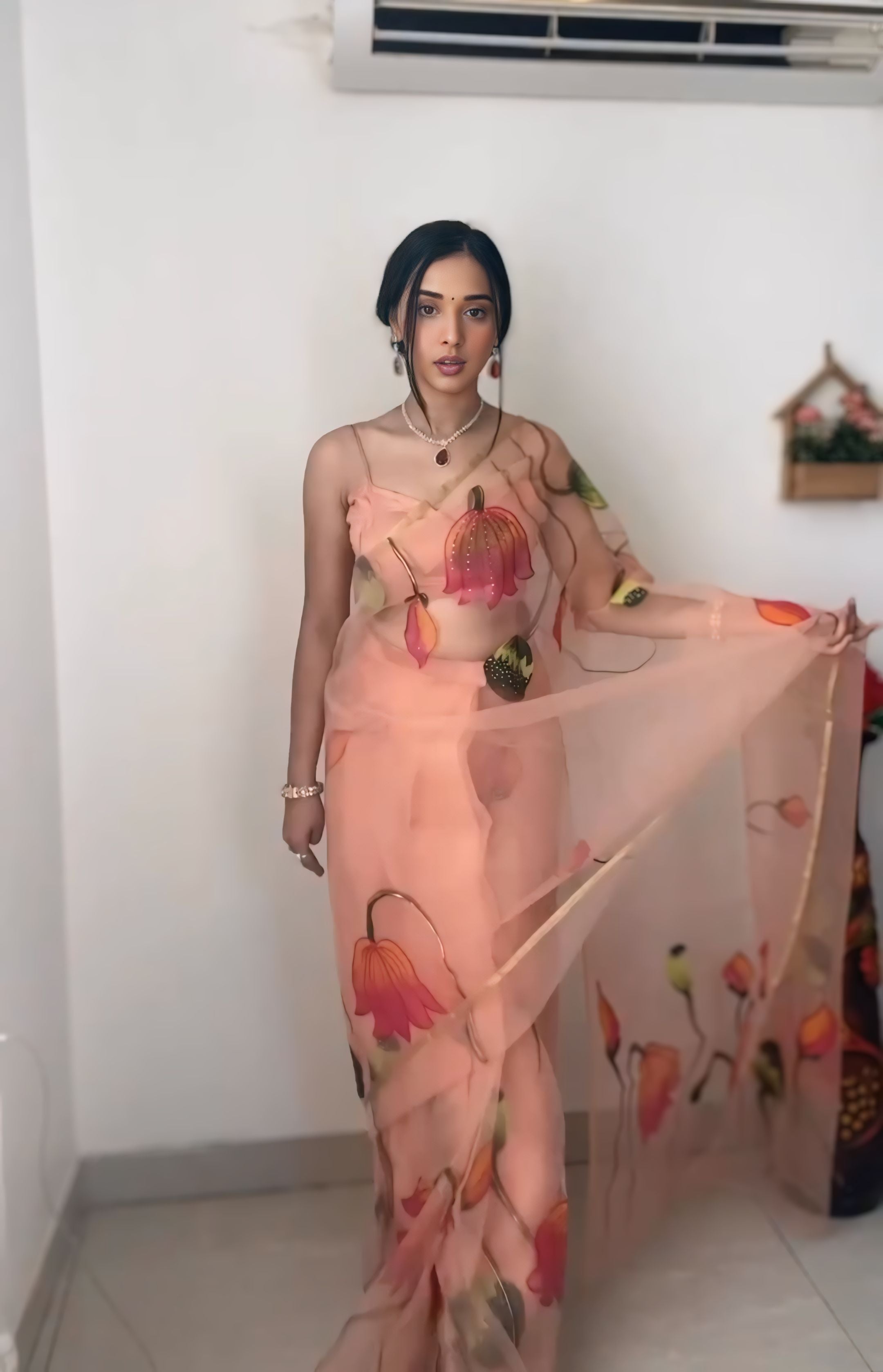 digital PeachLotus 1-Minute Ready To Wear Premium Organza Silk Print Saree