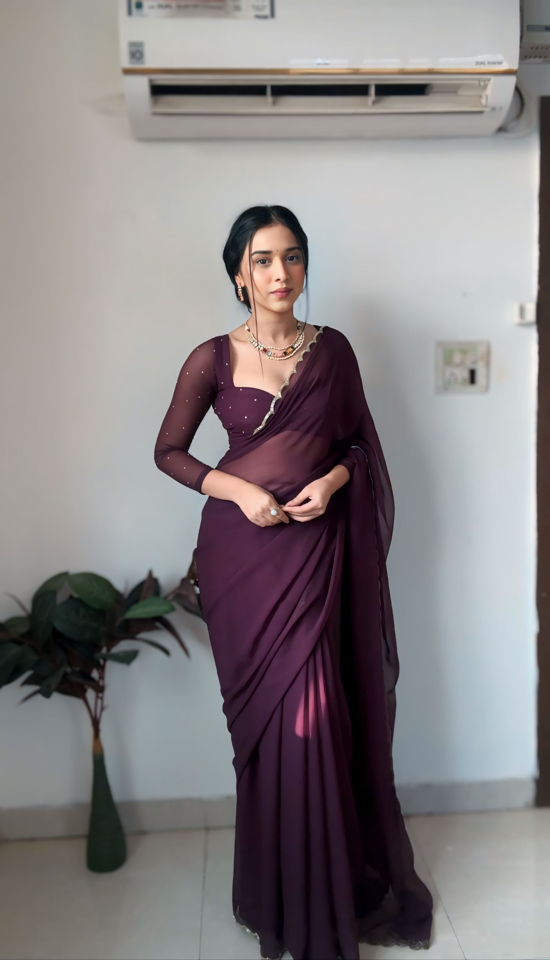 Wine Super Saree Georgette Embellished With Beautiful Handwork With Cutwork Border