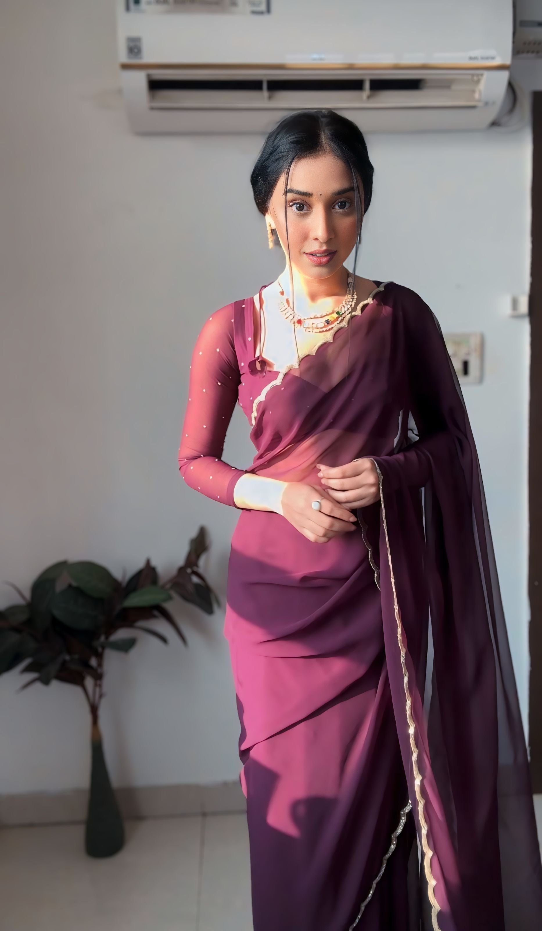 Pleasant 1-Minute Ready To Wear Purple Georgette Saree