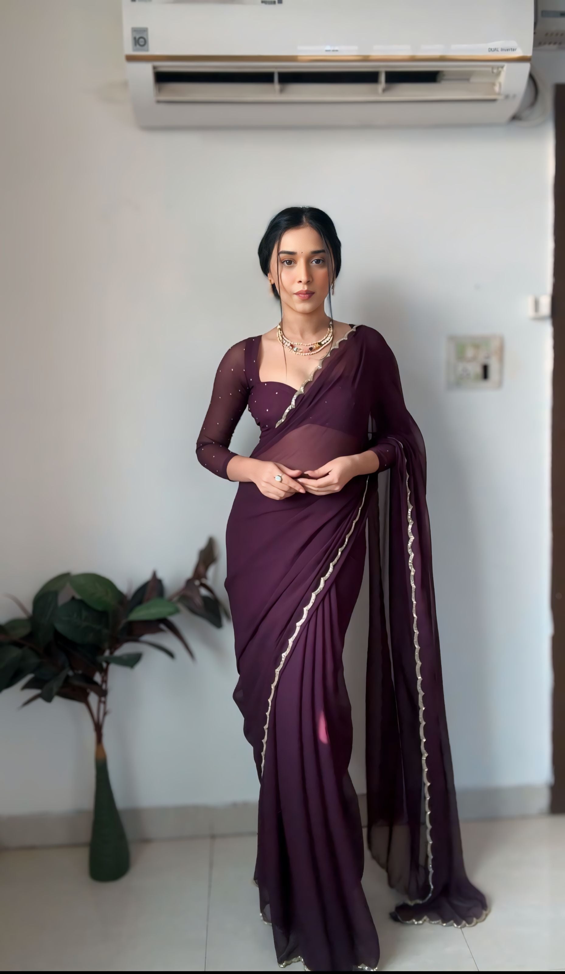 Wine Super Saree Georgette Embellished With Beautiful Handwork With Cutwork Border