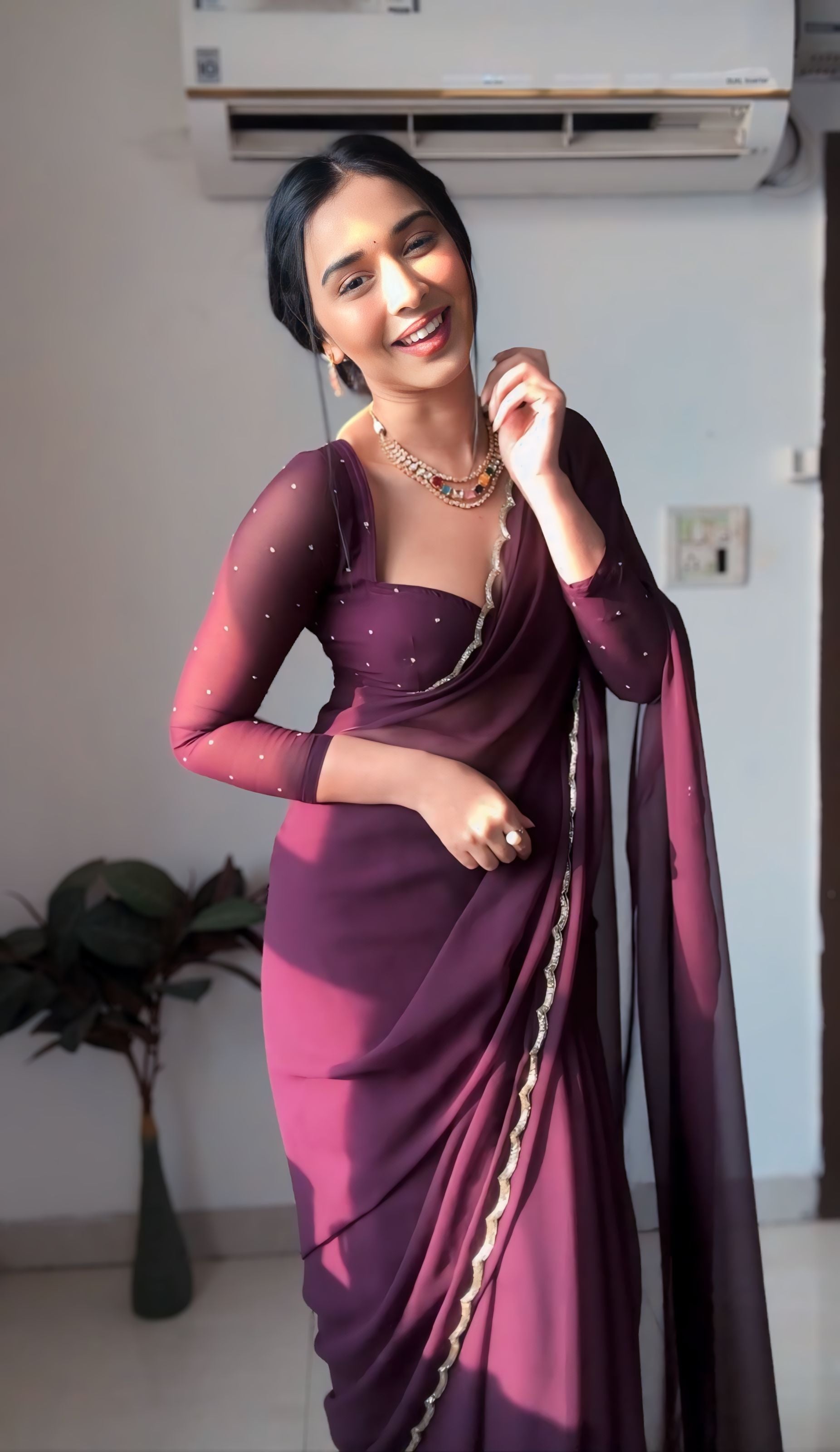 Wine Super Saree Georgette Embellished With Beautiful Handwork With Cutwork Border