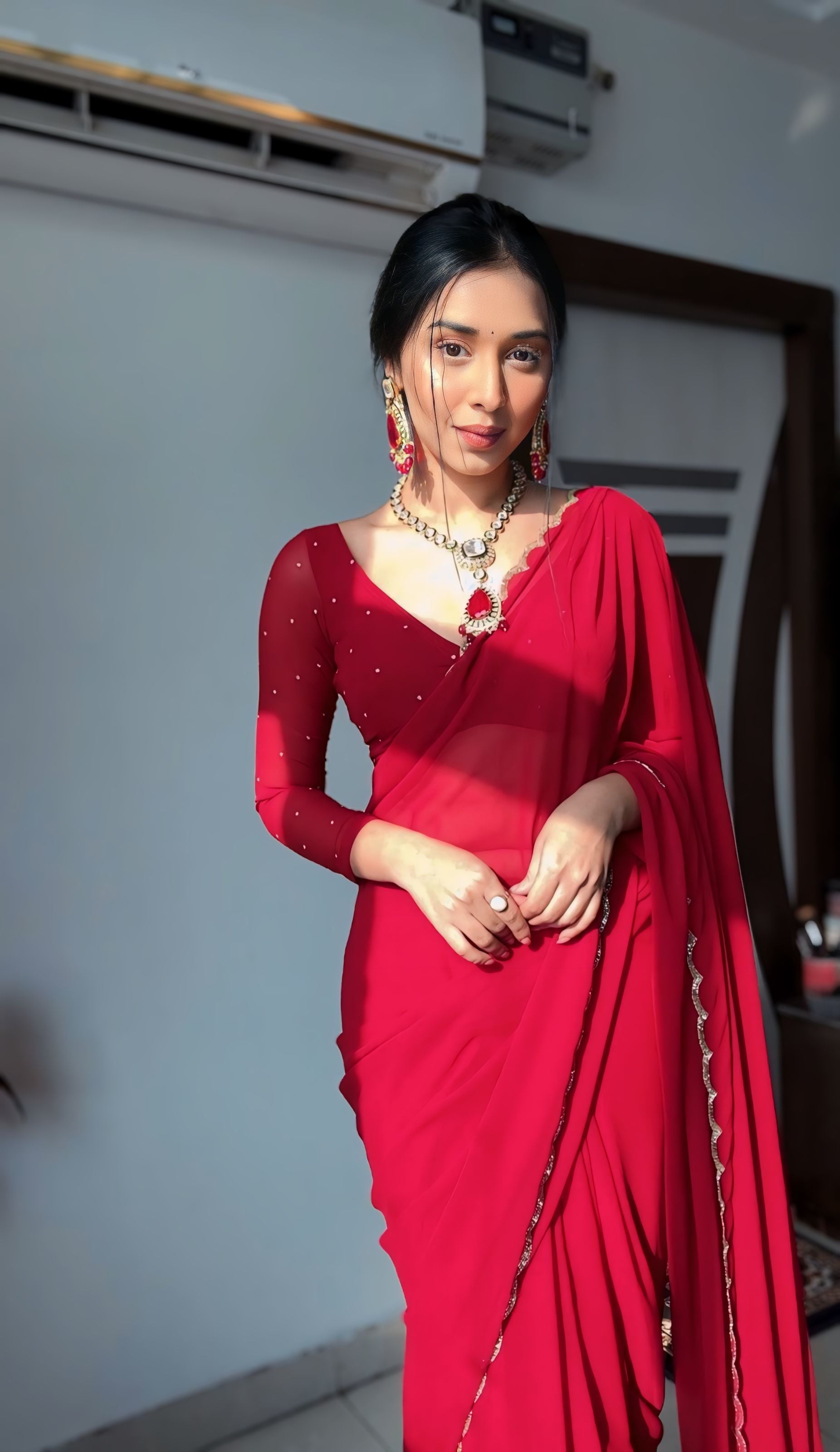 Wine Super Saree Georgette Embellished With Beautiful Handwork With Cutwork Border
