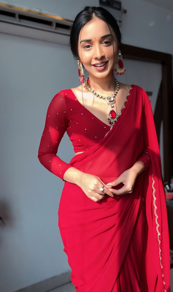 Arresting 1-Minute Ready To Wear Red Georgette Saree