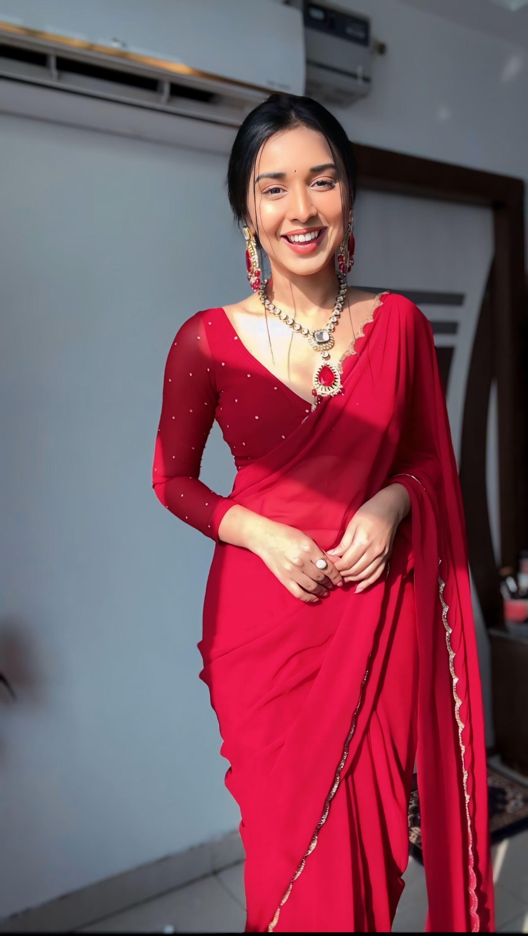 Wine Super Saree Georgette Embellished With Beautiful Handwork With Cutwork Border