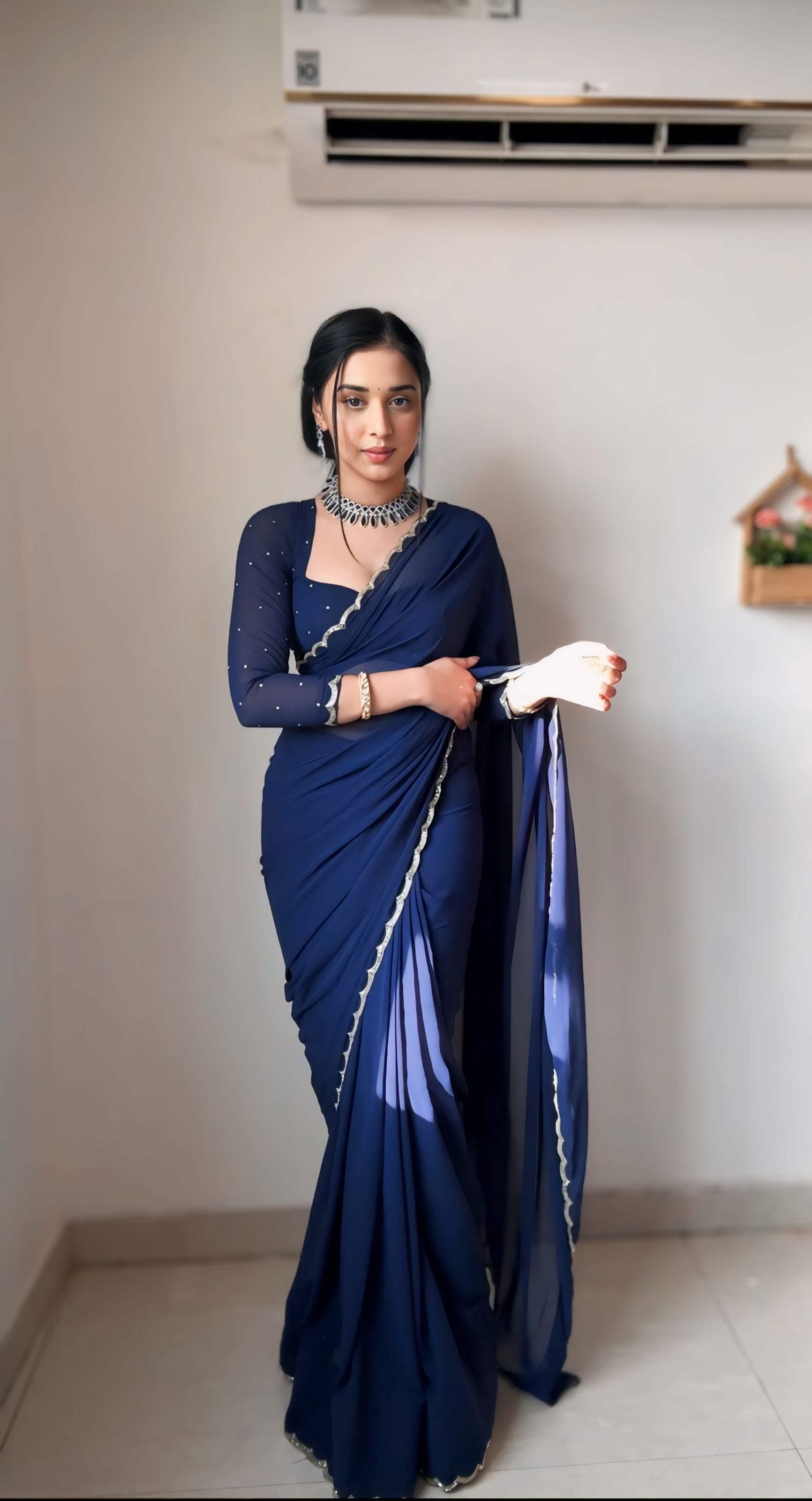 Wine Super Saree Georgette Embellished With Beautiful Handwork With Cutwork Border