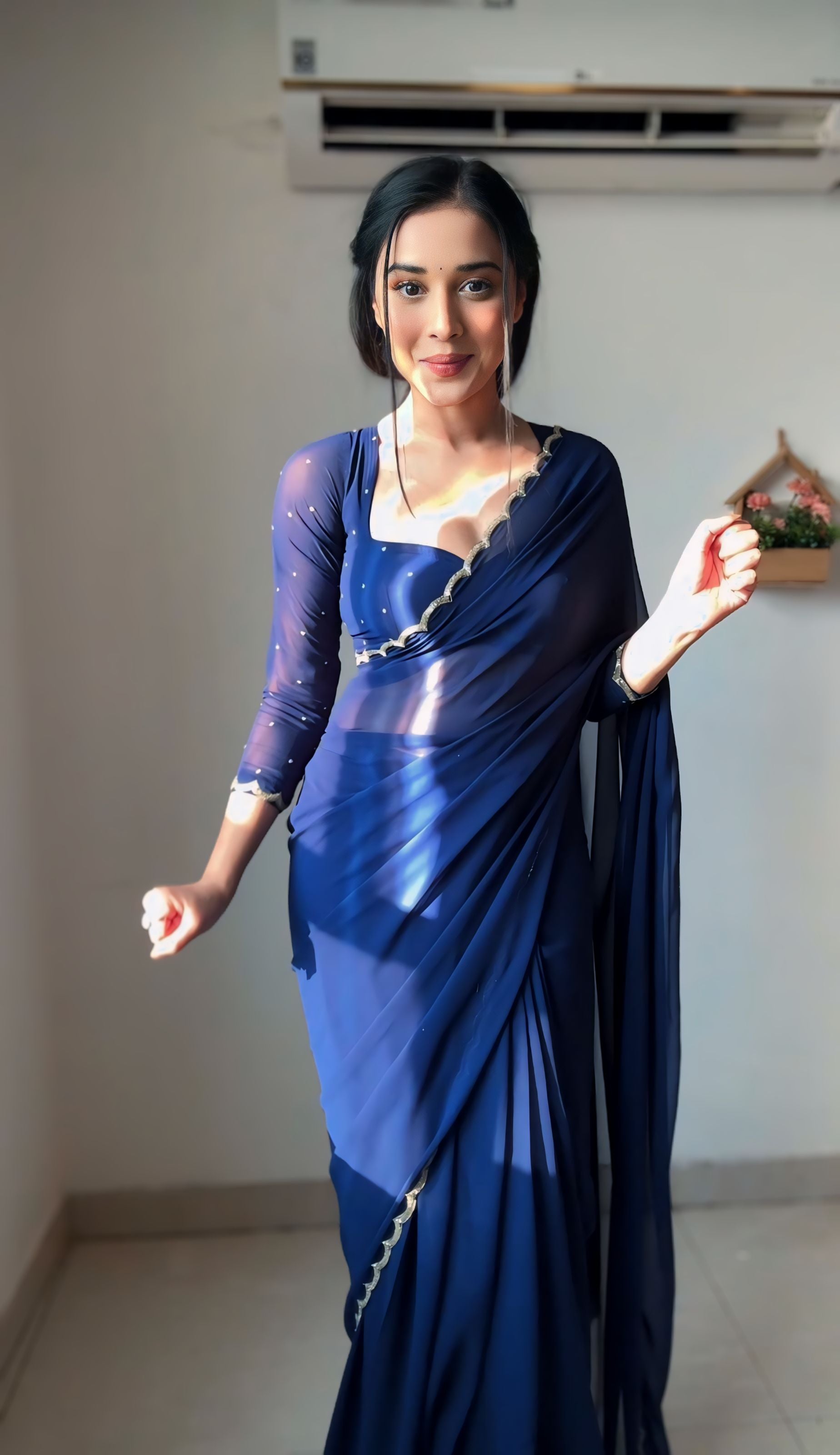 Angelic 1-Minute Ready To Wear Navy Blue Georgette Saree