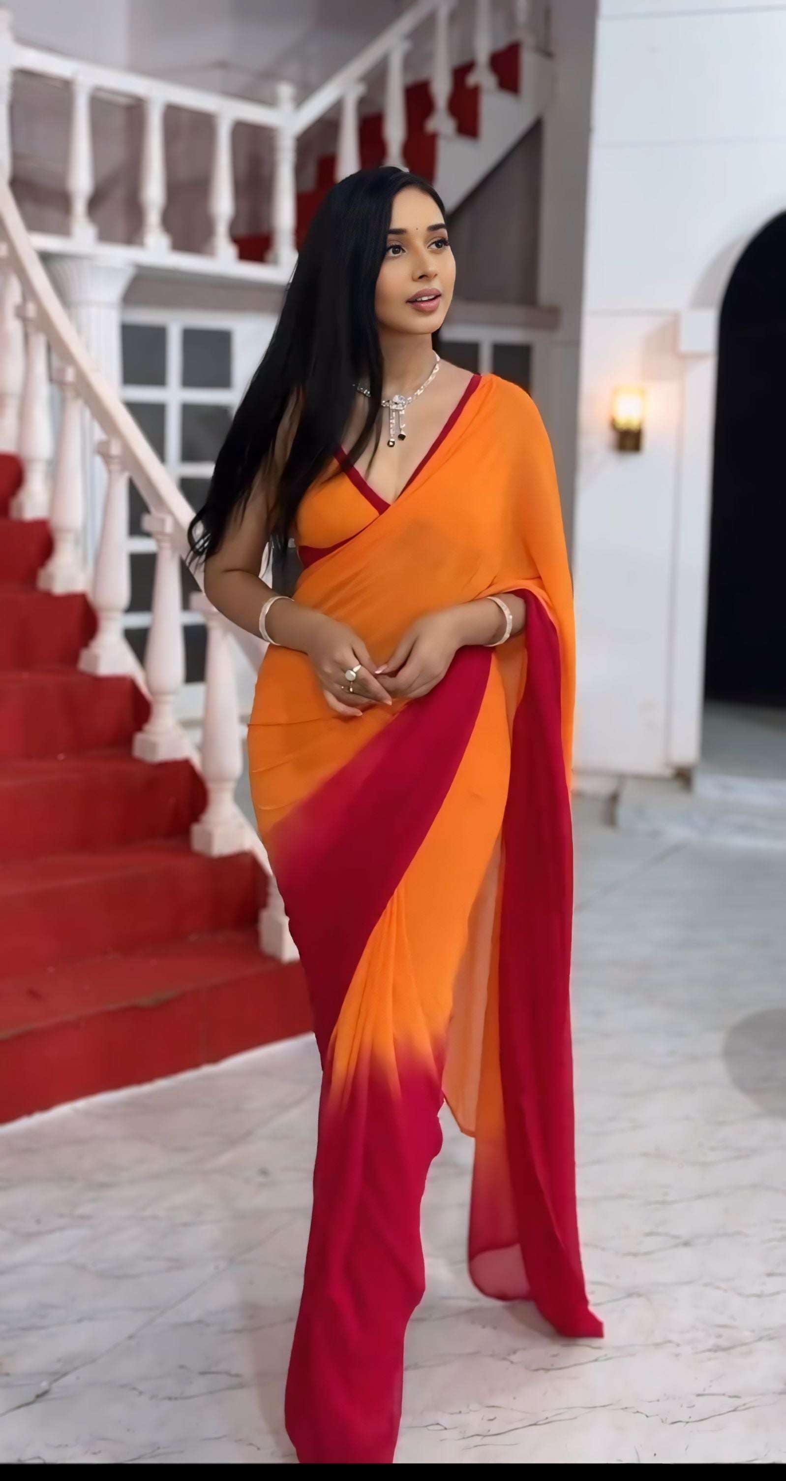 Delightful 1-Minute Ready To Wear Yellow and Red Georgette Saree