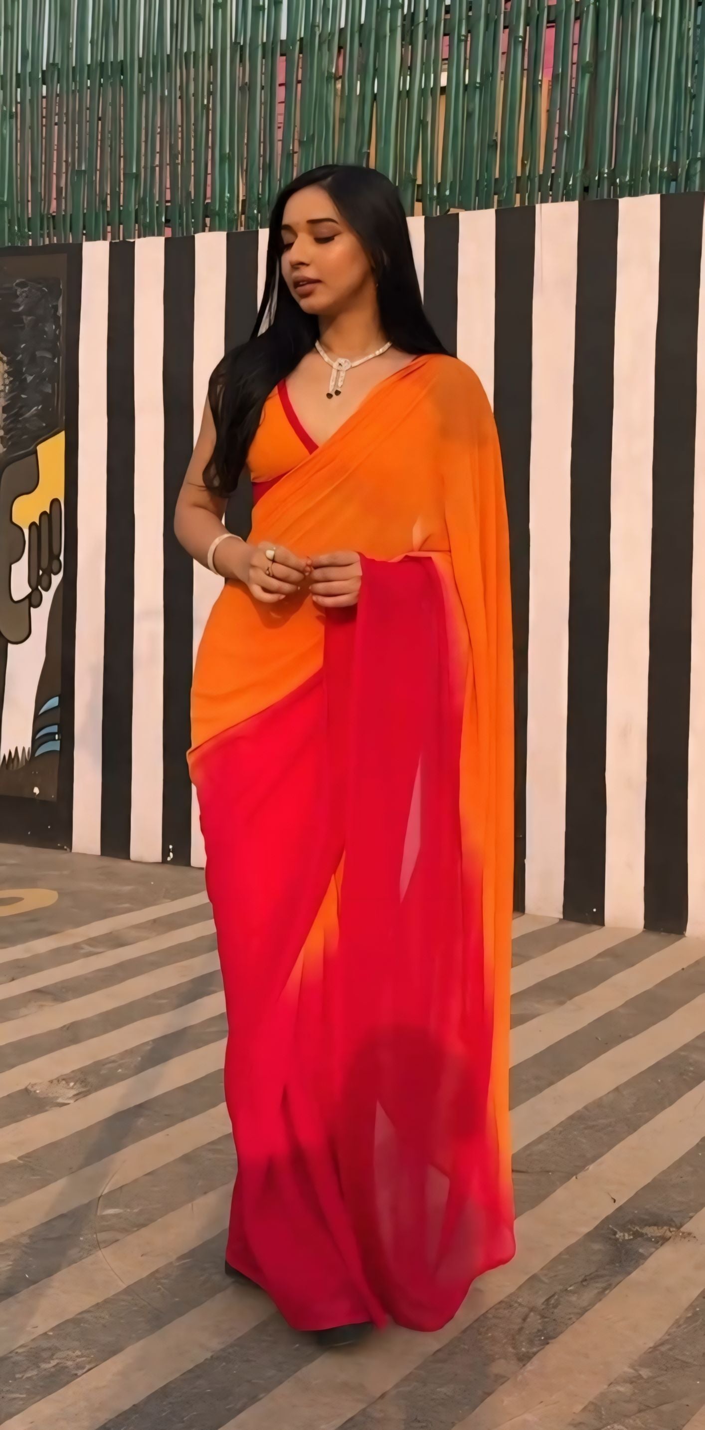 Delightful 1-Minute Ready To Wear Yellow and Red Georgette Saree