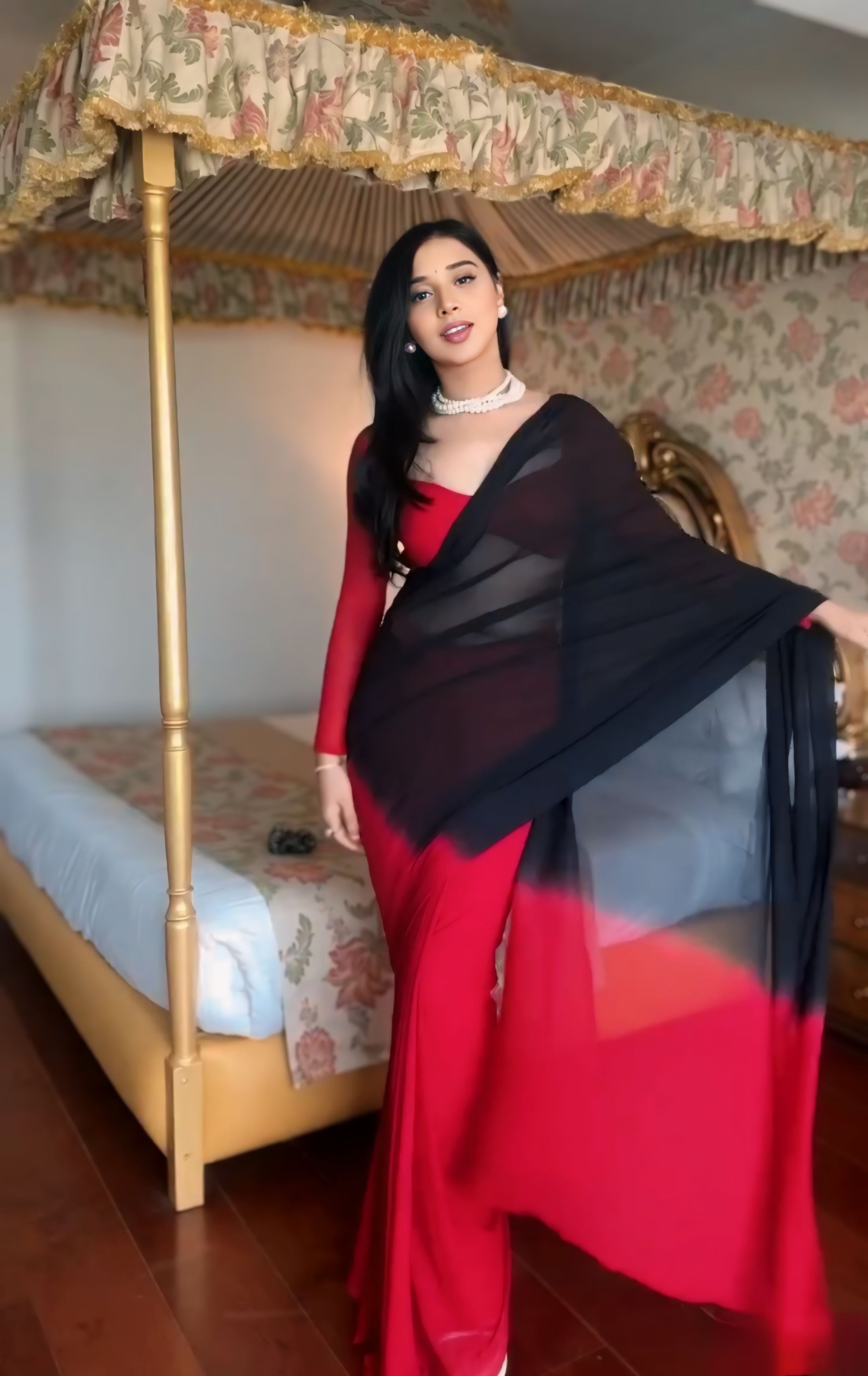 Prettiest 1-Minute Ready To Wear Red and Black Georgette Saree