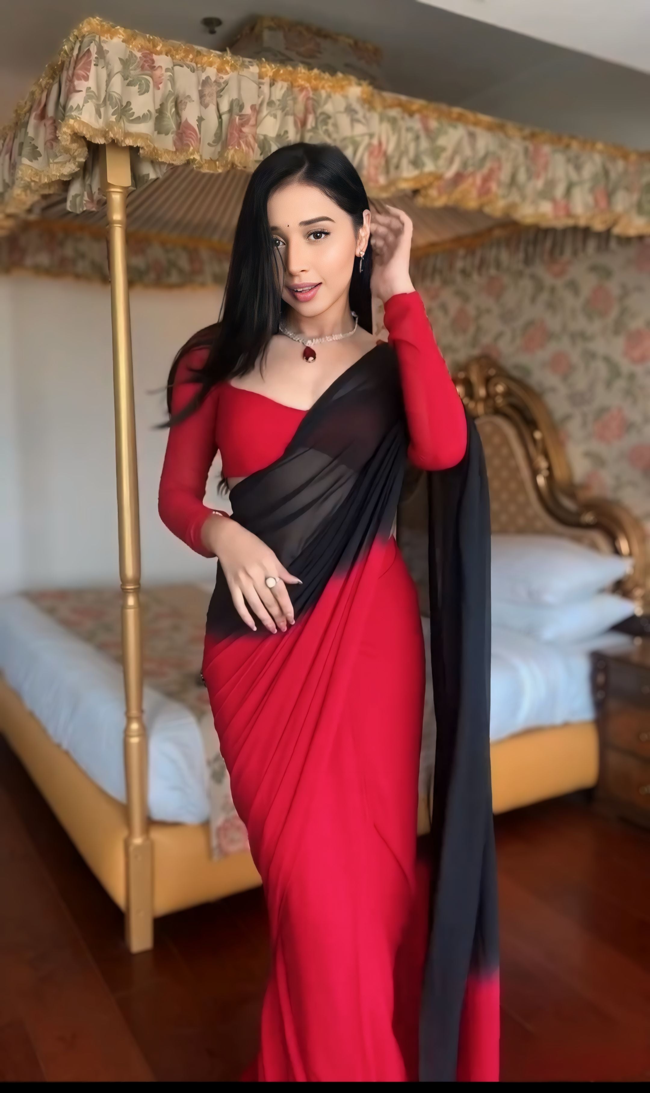 Prettiest 1-Minute Ready To Wear Red and Black Georgette Saree