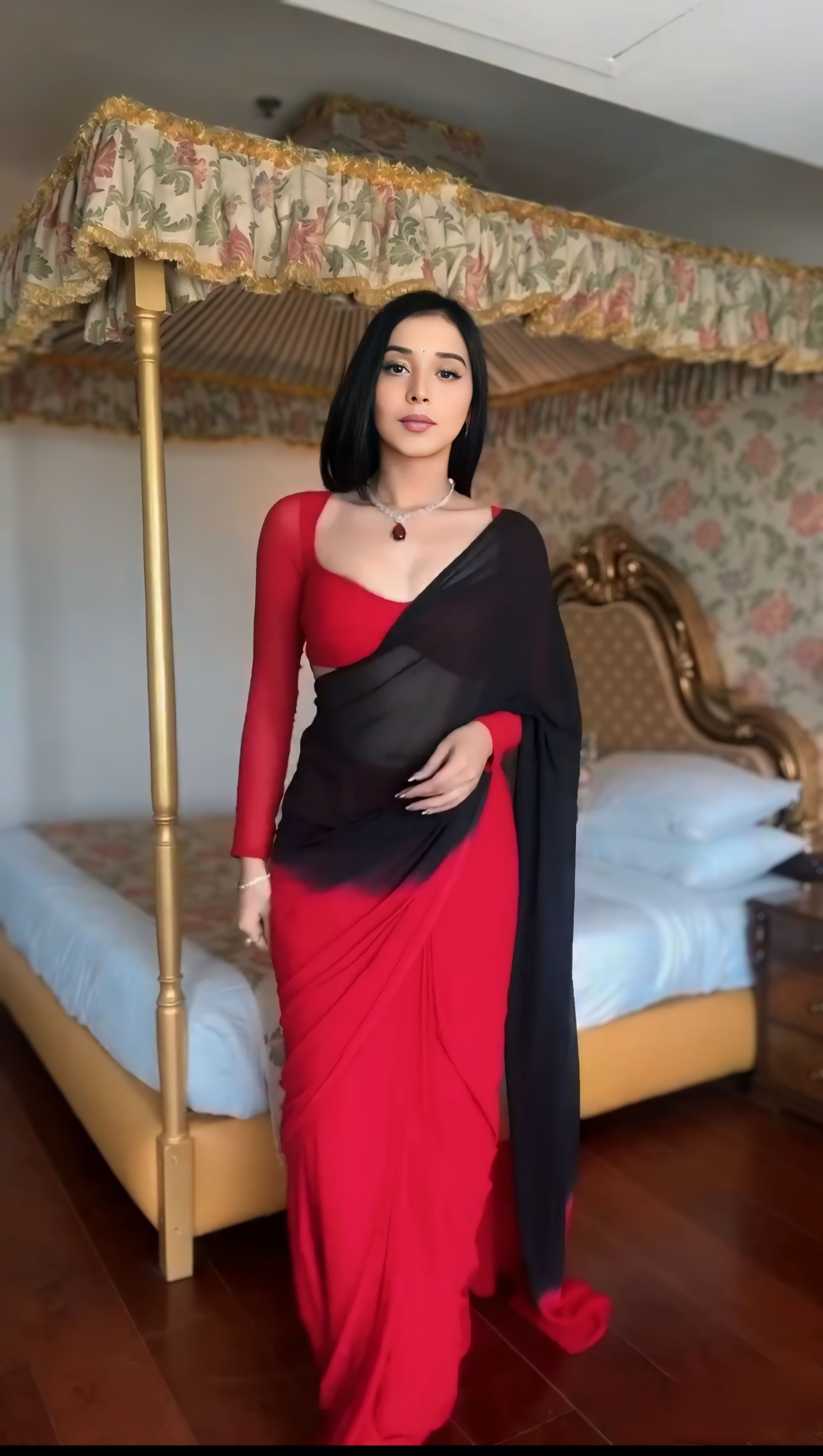 Prettiest 1-Minute Ready To Wear Red and Black Georgette Saree