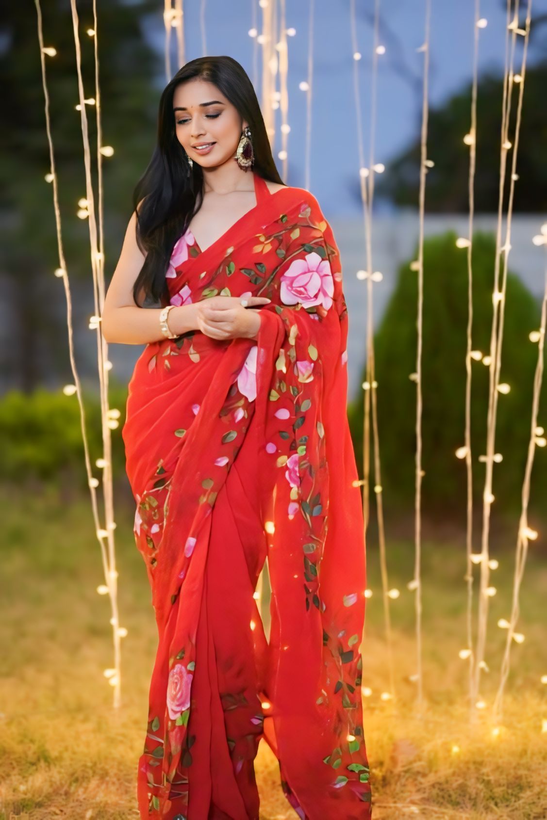 Bucolic 1-Minute Ready To Wear Red Georgette Saree