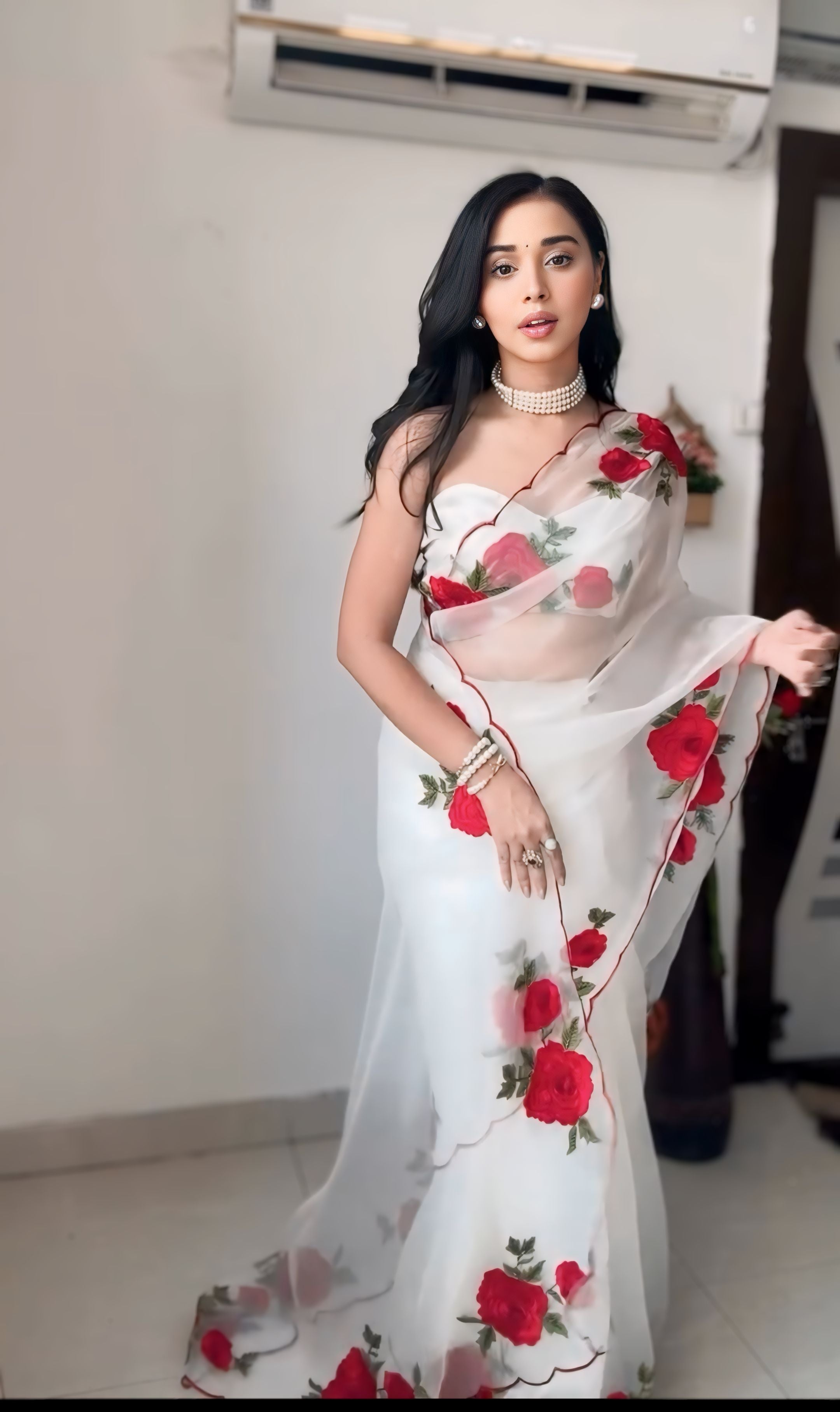 White tibby silk rose thread work ready to wear saree