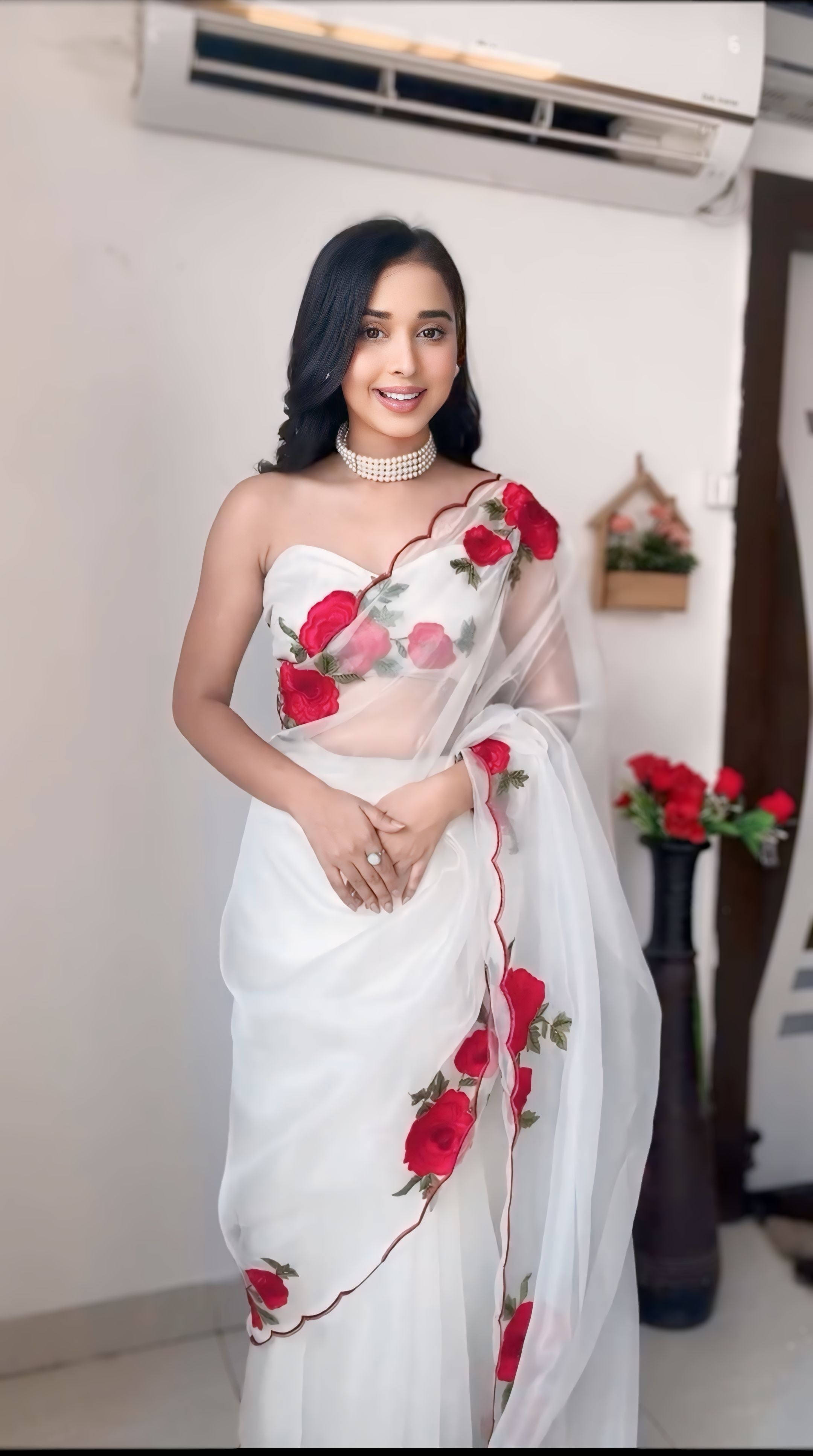 White tibby silk rose thread work ready to wear saree