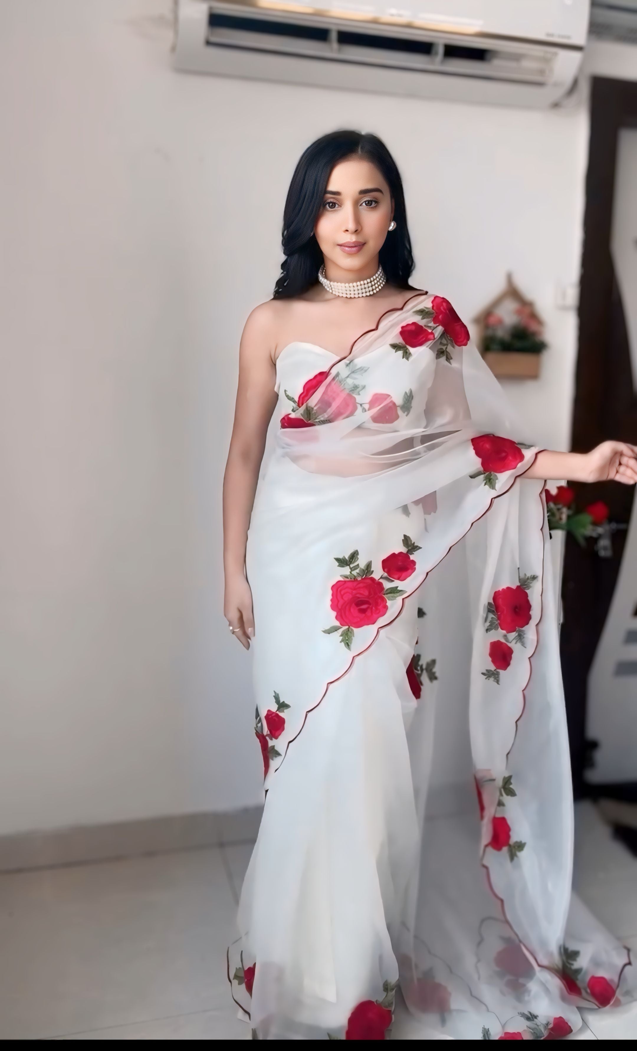 White tibby silk rose thread work ready to wear saree