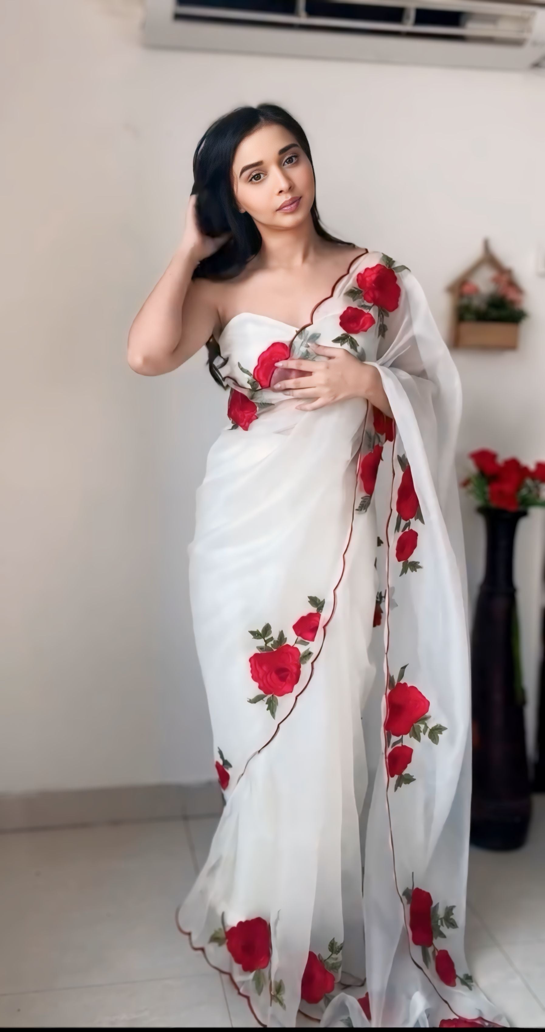 White tibby silk rose thread work ready to wear saree