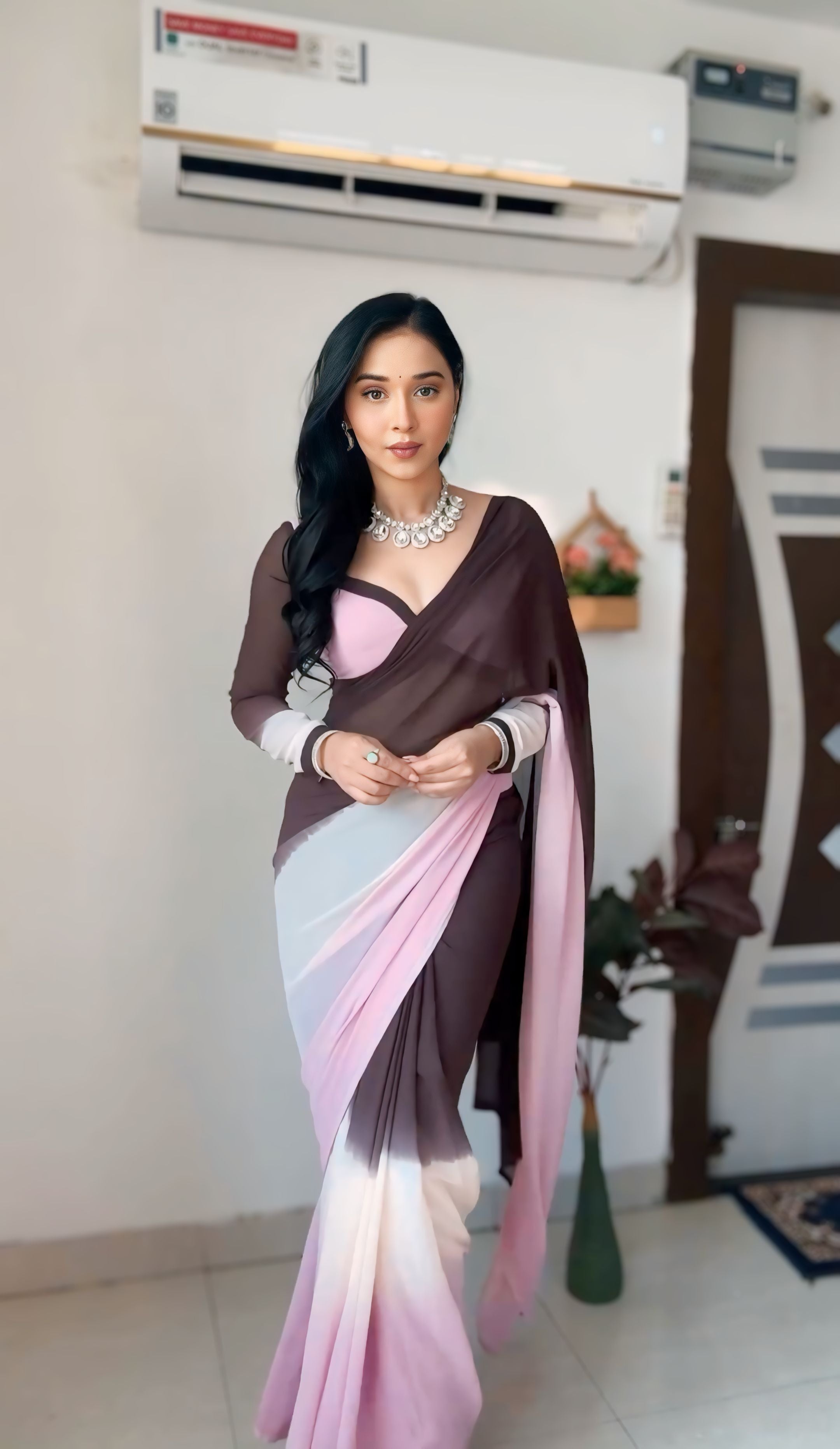 Divine 1-Minute Ready To Wear Brown and Pink Georgette Saree