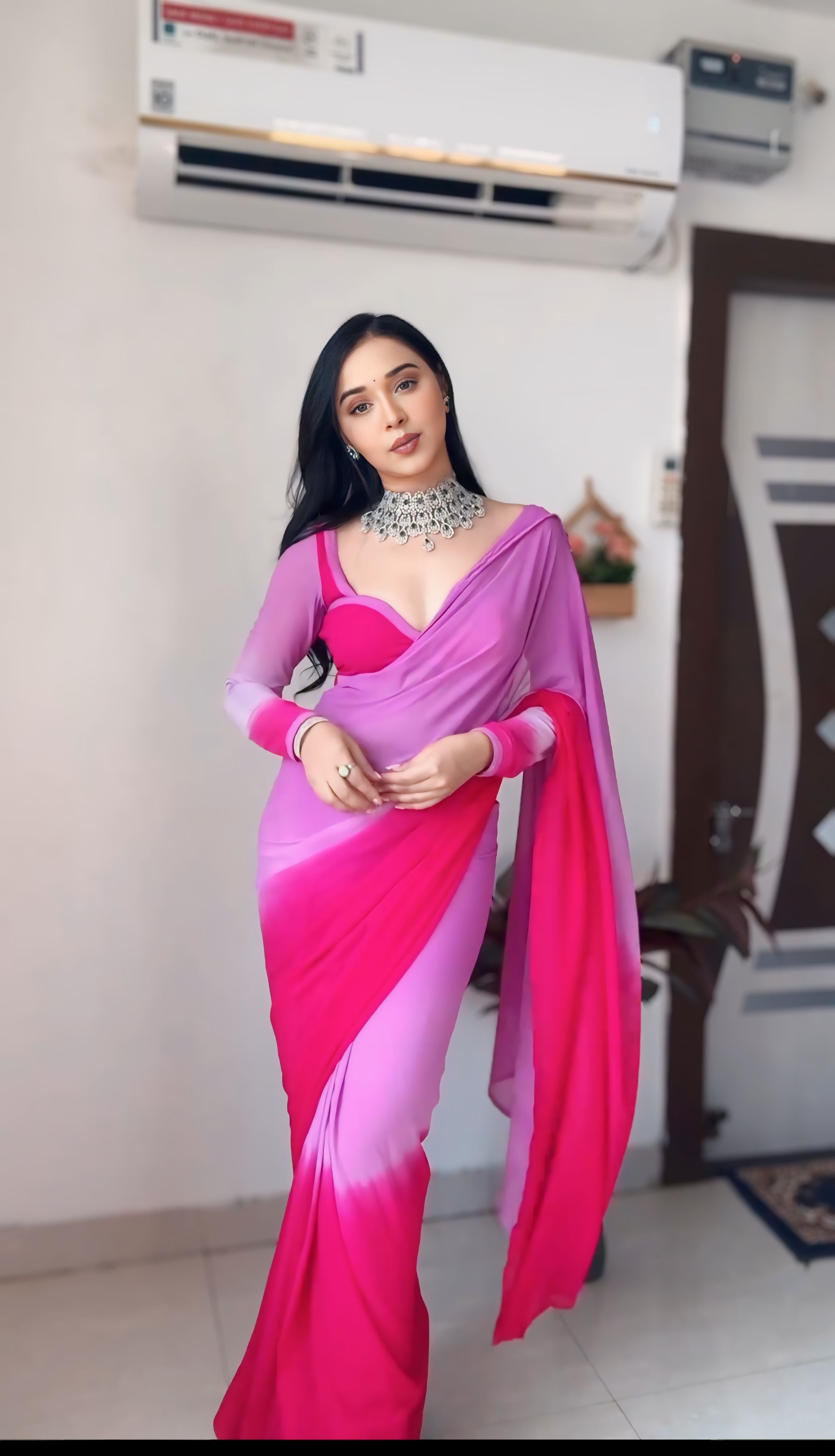 Excellent 1-Minute Ready To Wear Pink and Lavender Georgette Saree