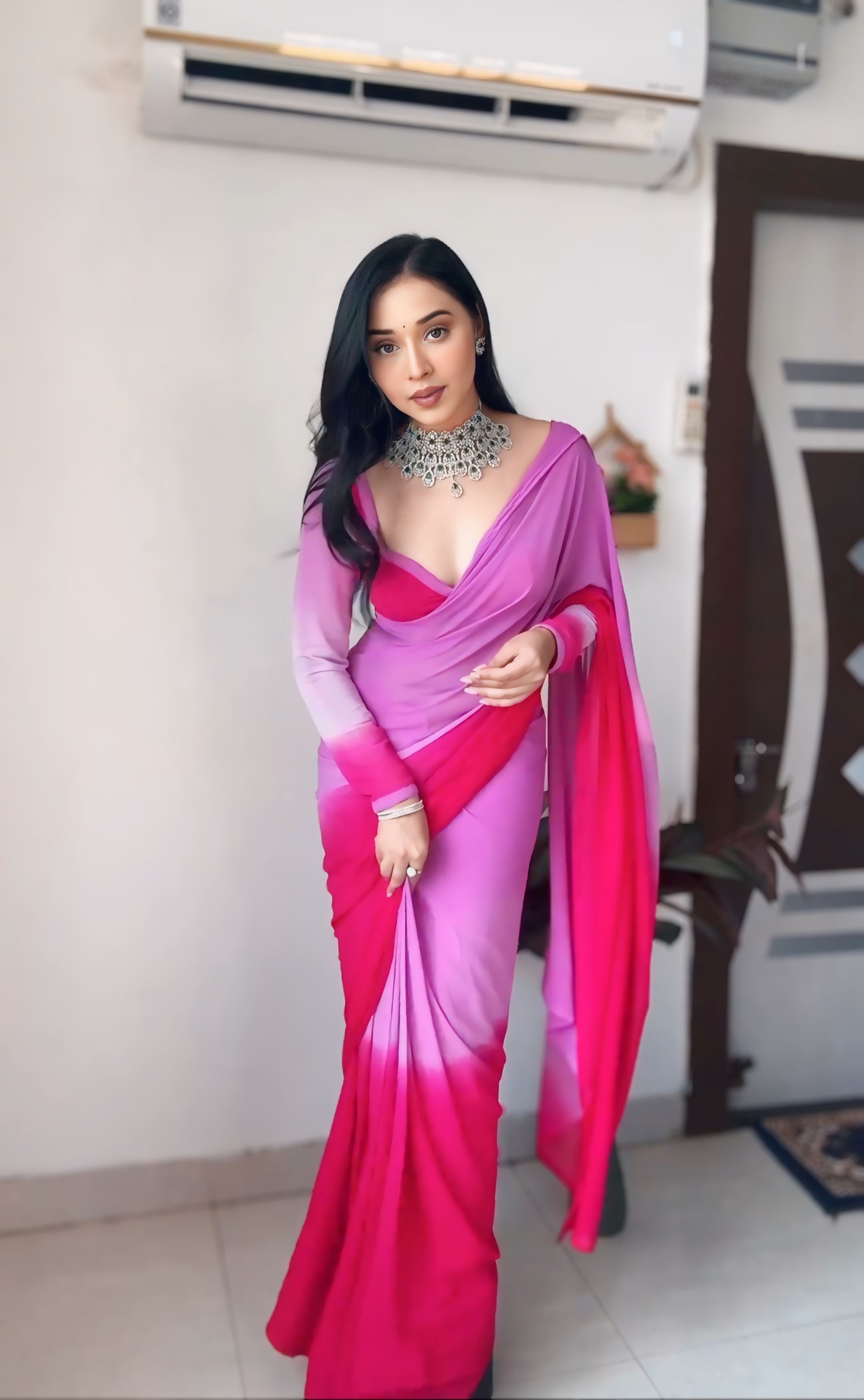 Excellent 1-Minute Ready To Wear Pink and Lavender Georgette Saree