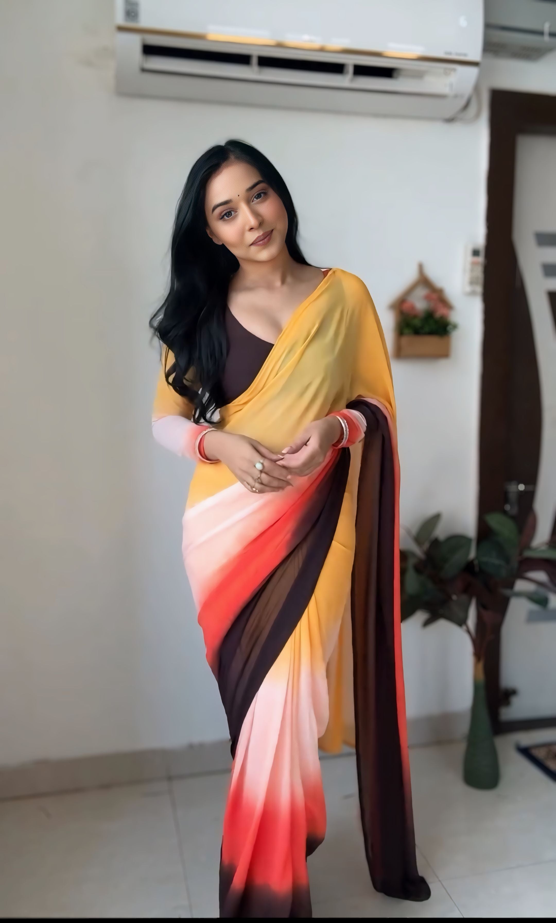 Petrichor 1-Minute Ready To Wear Yellow and Brown Georgette Saree