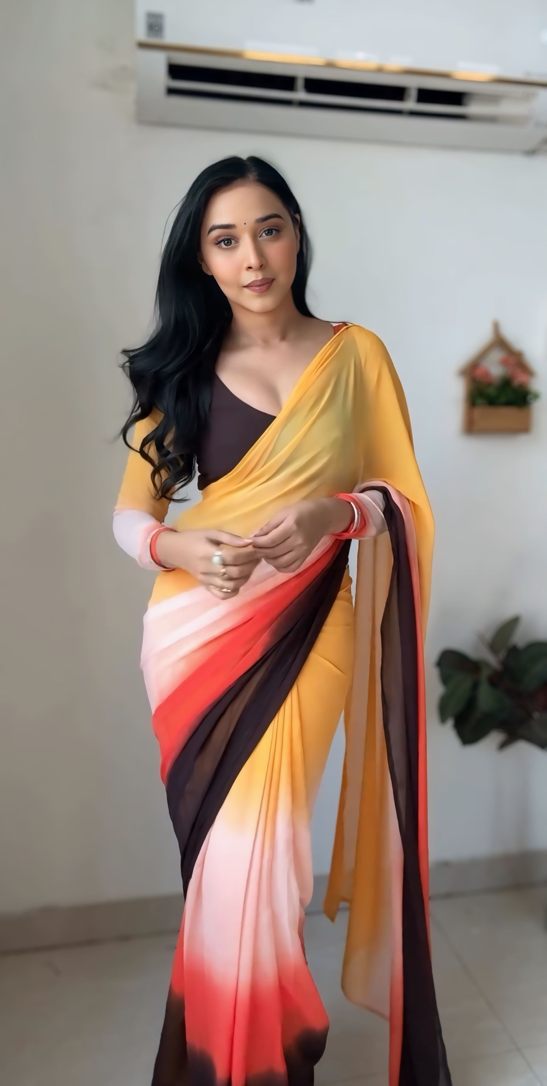 Petrichor 1-Minute Ready To Wear Yellow and Brown Georgette Saree