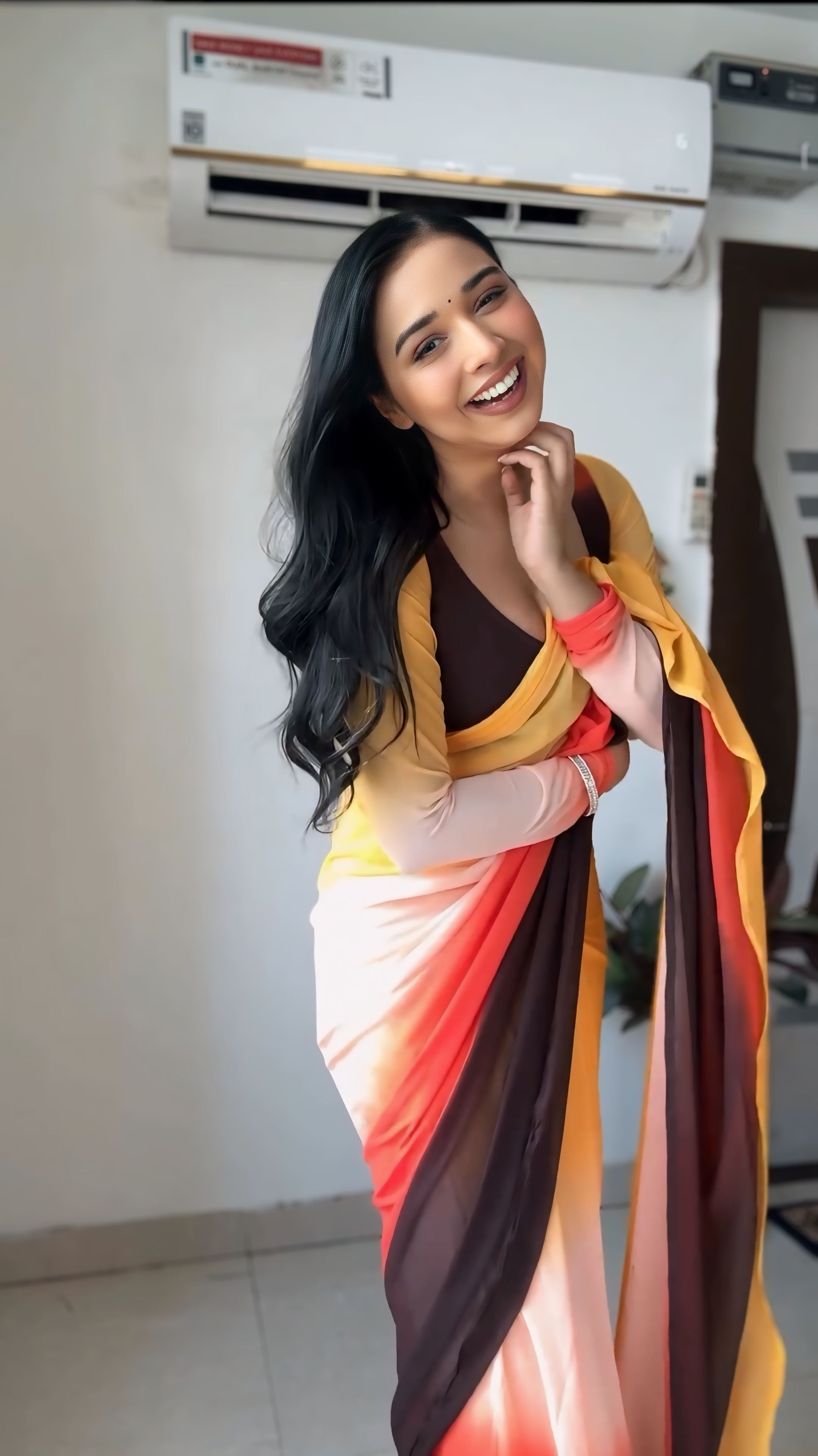 Petrichor 1-Minute Ready To Wear Yellow and Brown Georgette Saree