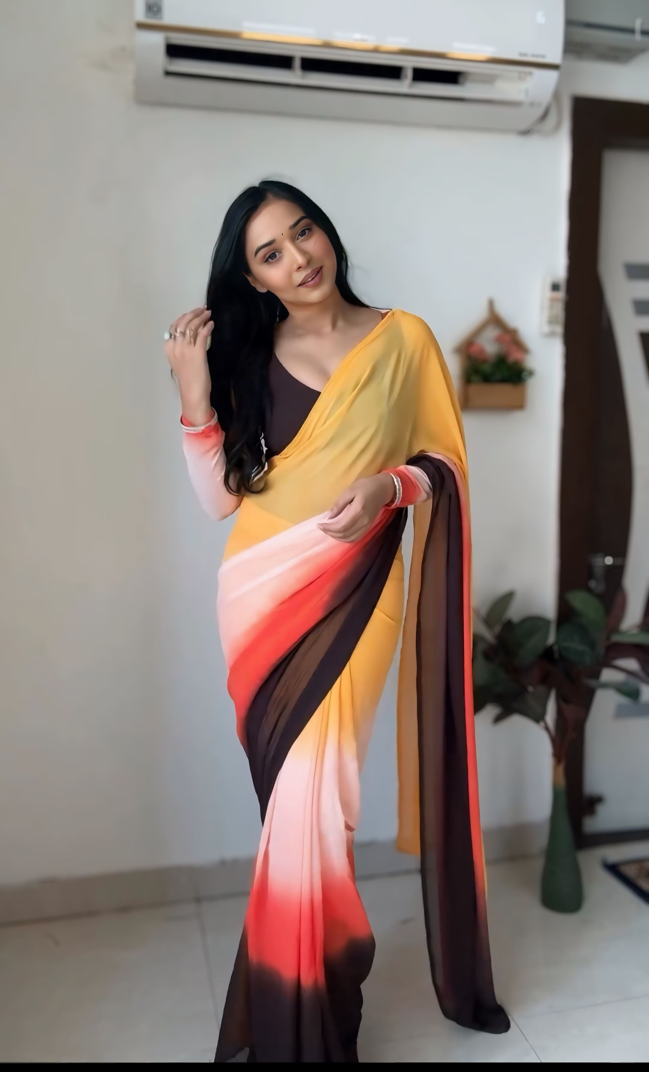 Petrichor 1-Minute Ready To Wear Yellow and Brown Georgette Saree