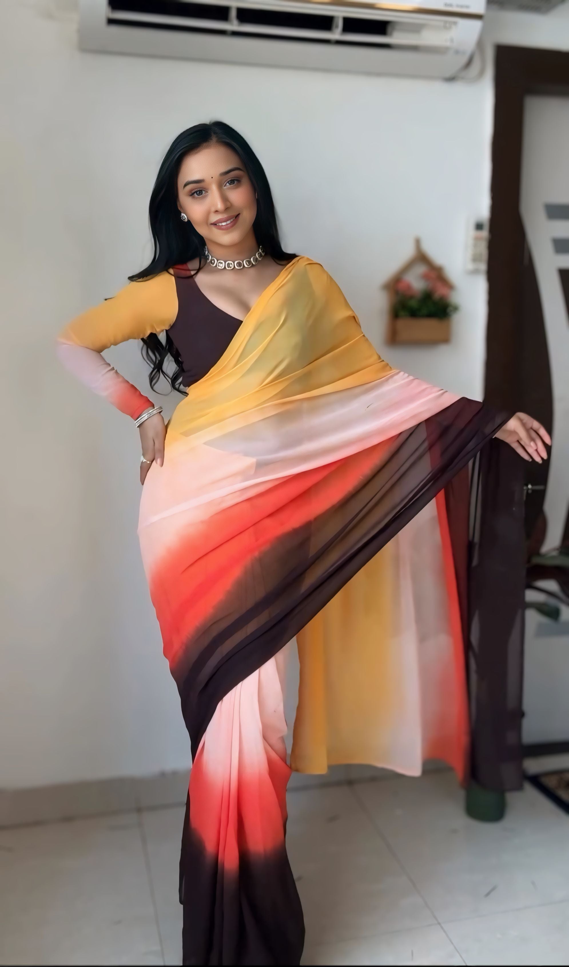 Petrichor 1-Minute Ready To Wear Yellow and Brown Georgette Saree