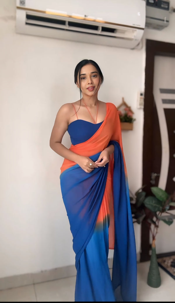 Excellent 1-Minute Ready To Wear Orange and Blue Georgette Saree