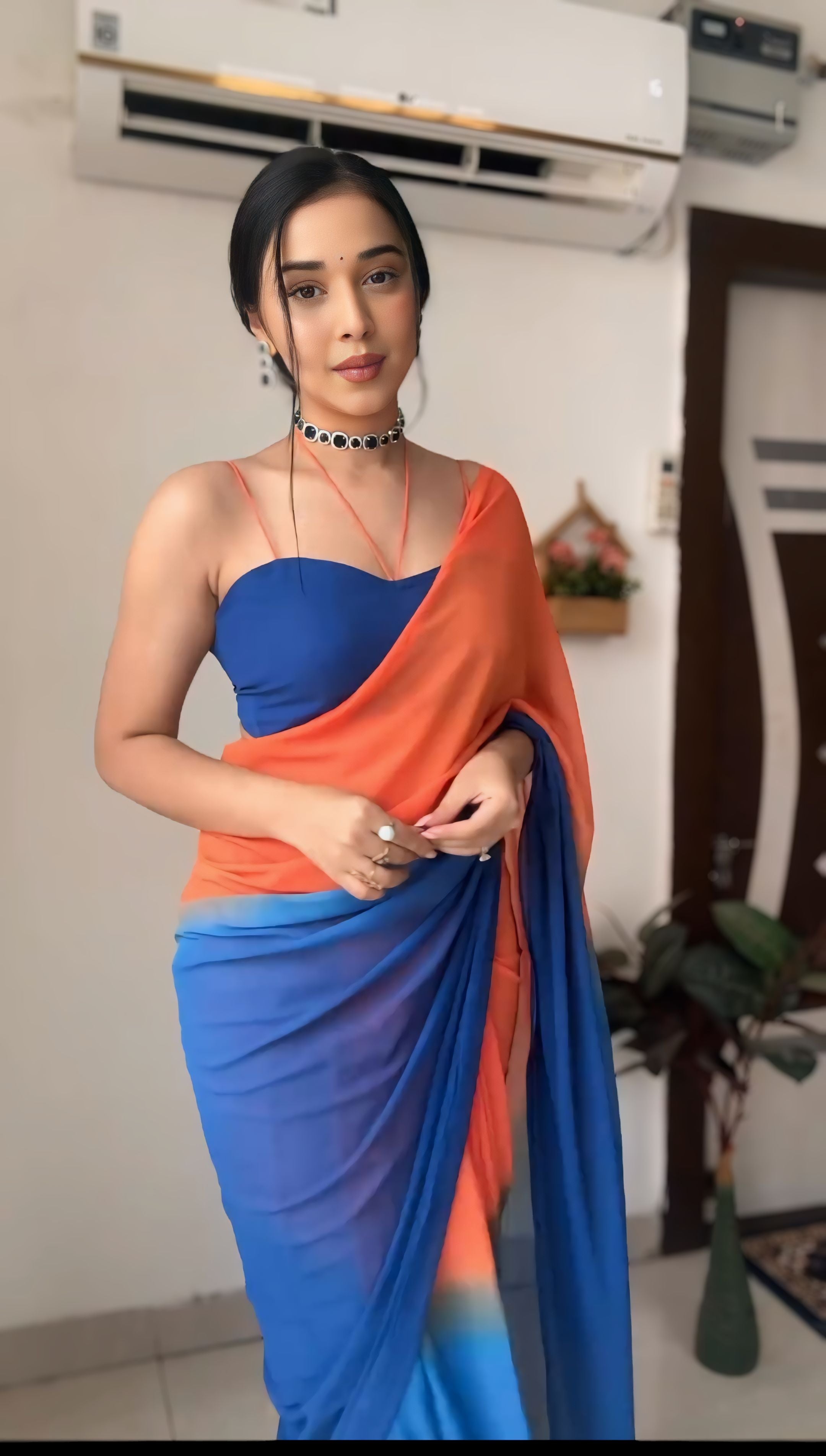 Excellent 1-Minute Ready To Wear Orange and Blue Georgette Saree