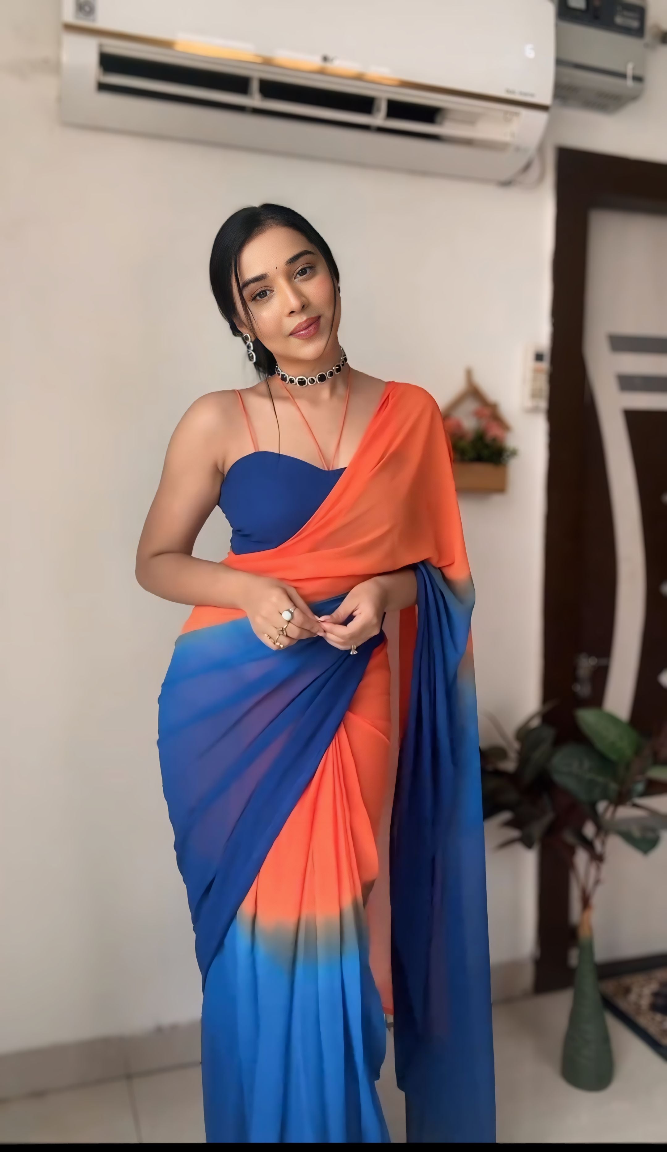 Excellent 1-Minute Ready To Wear Orange and Blue Georgette Saree