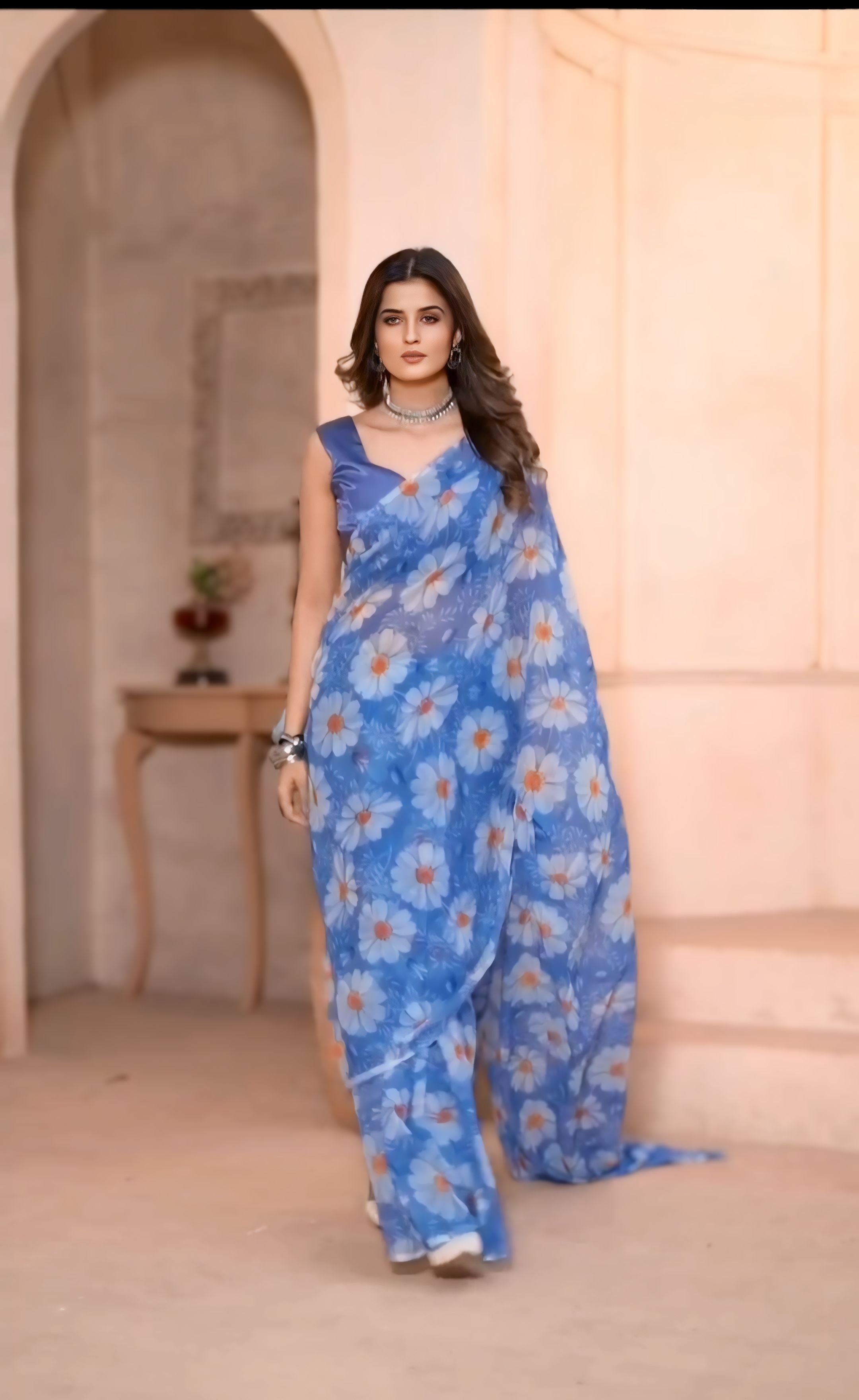 Blooming 1-Minute Ready To Wear Blue Georgette Saree