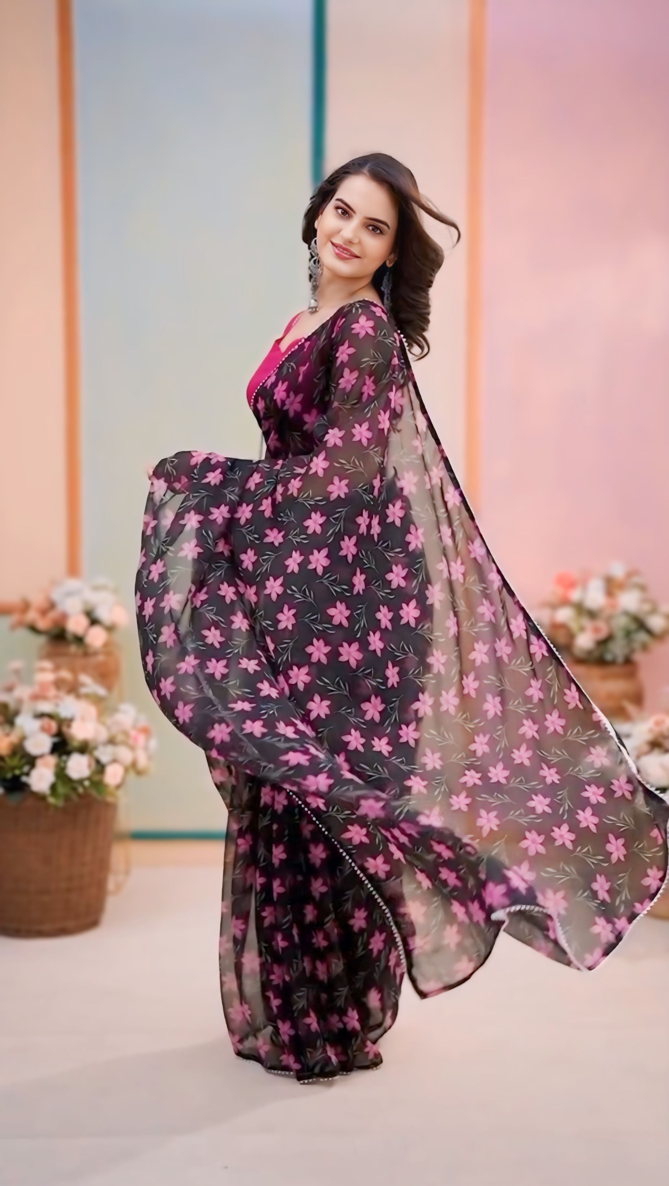 Lovely 1-Minute Ready To Wear Black Georgette Saree