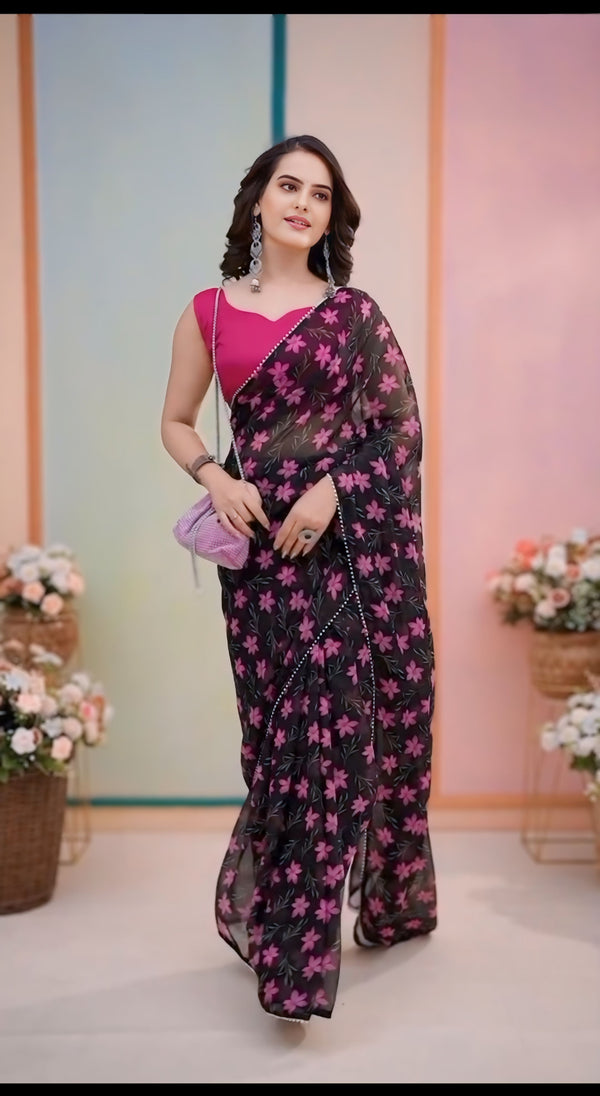 Lovely 1-Minute Ready To Wear Black Georgette Saree