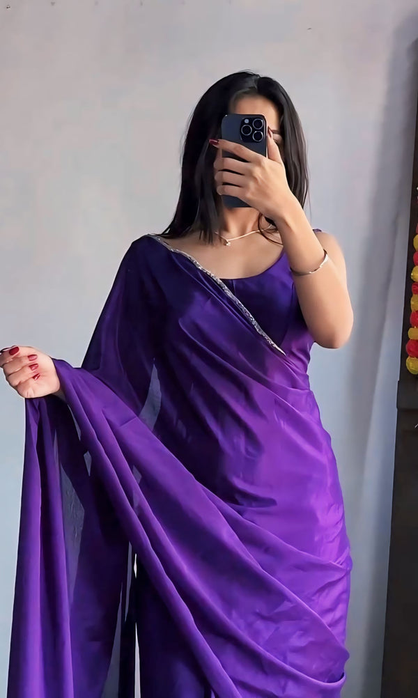 Pretty 1-Minute Ready To Wear Royal Blue Chiffon Silk Saree