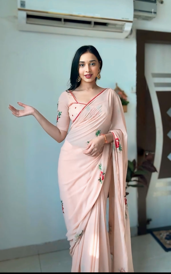 Staring 1-Minute Ready To Wear Peach Georgette Saree