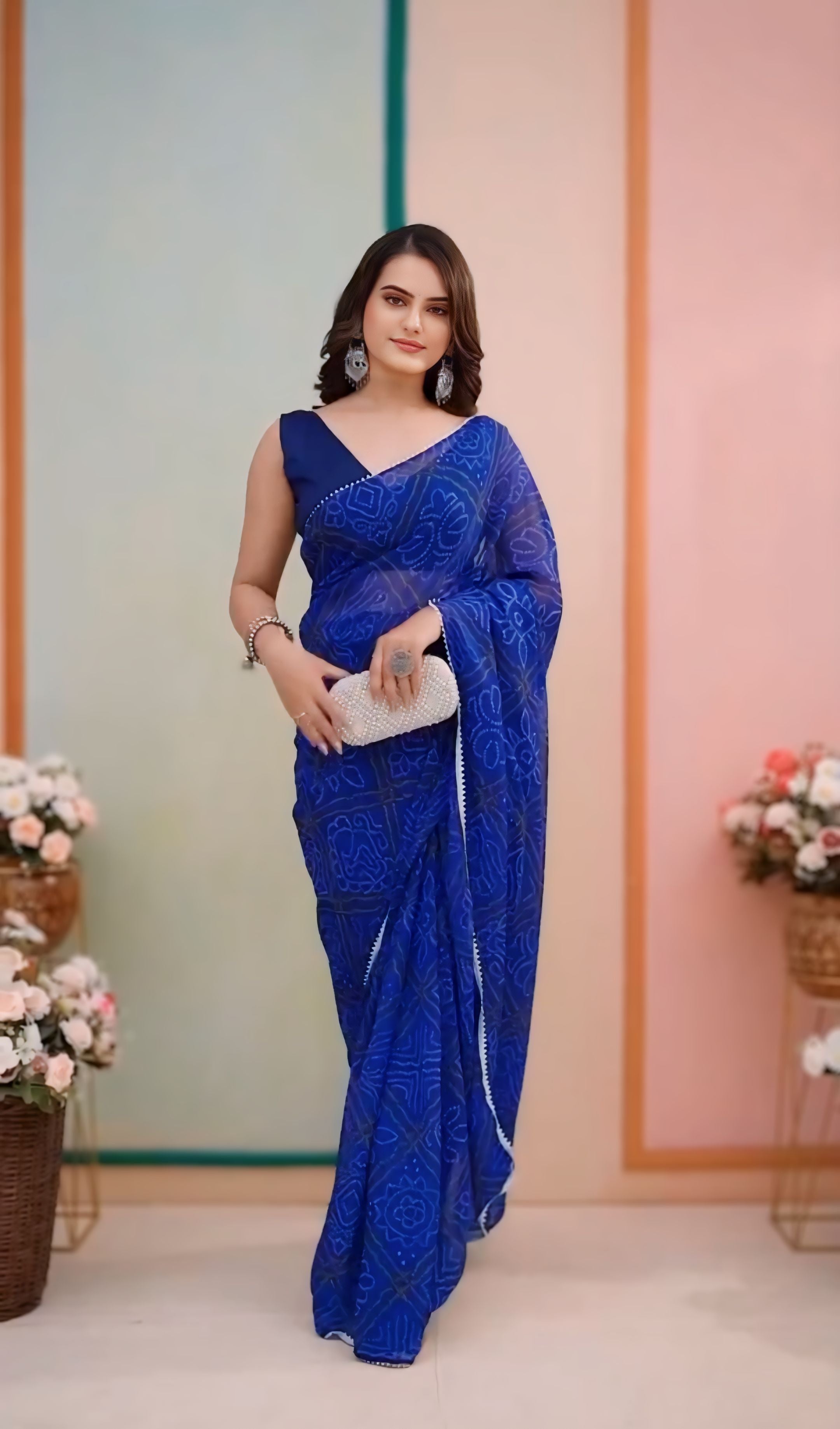 Delightful 1-Minute Ready To Wear Blue Bandhani Georgette Saree