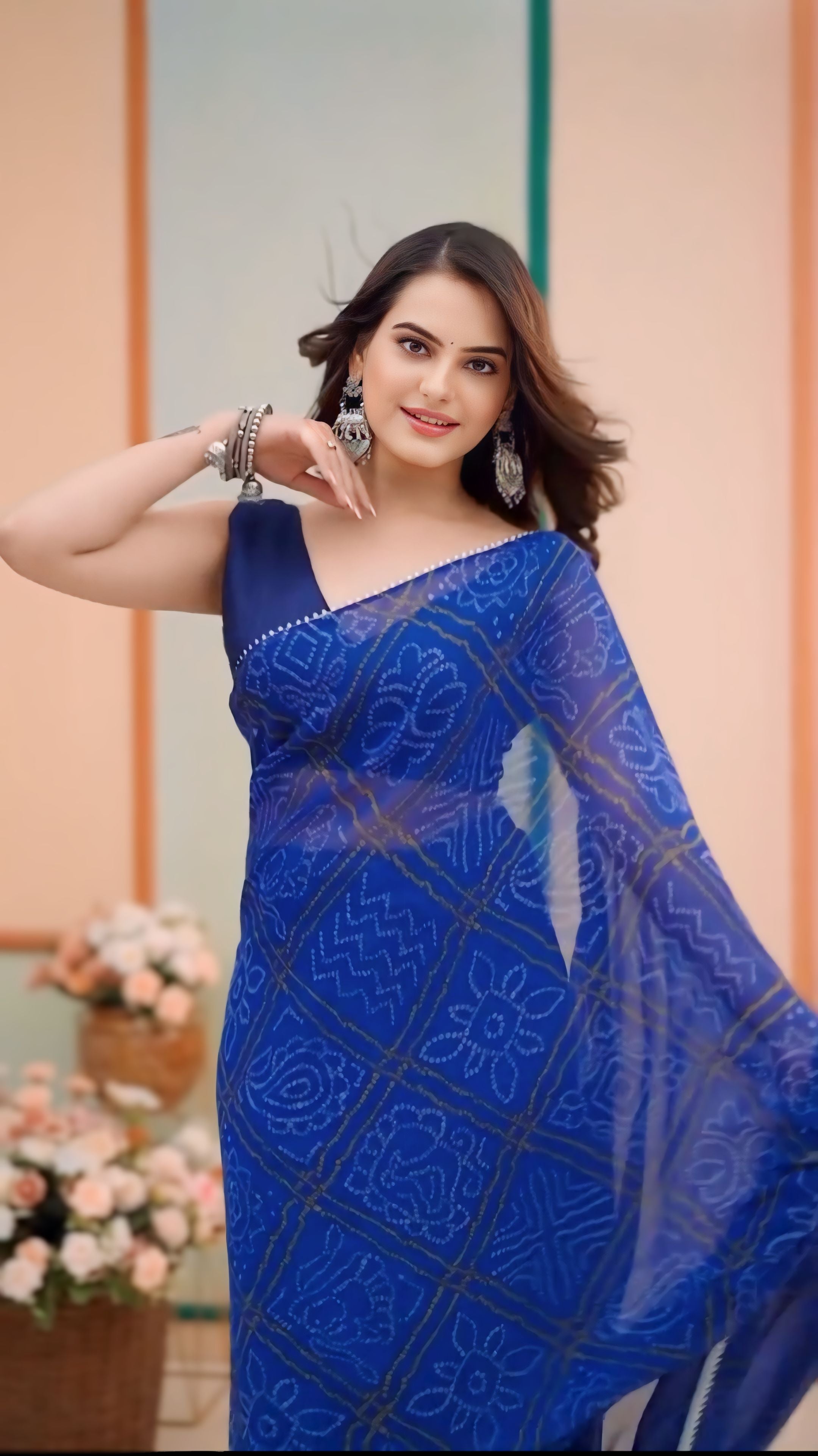 Delightful 1-Minute Ready To Wear Blue Bandhani Georgette Saree