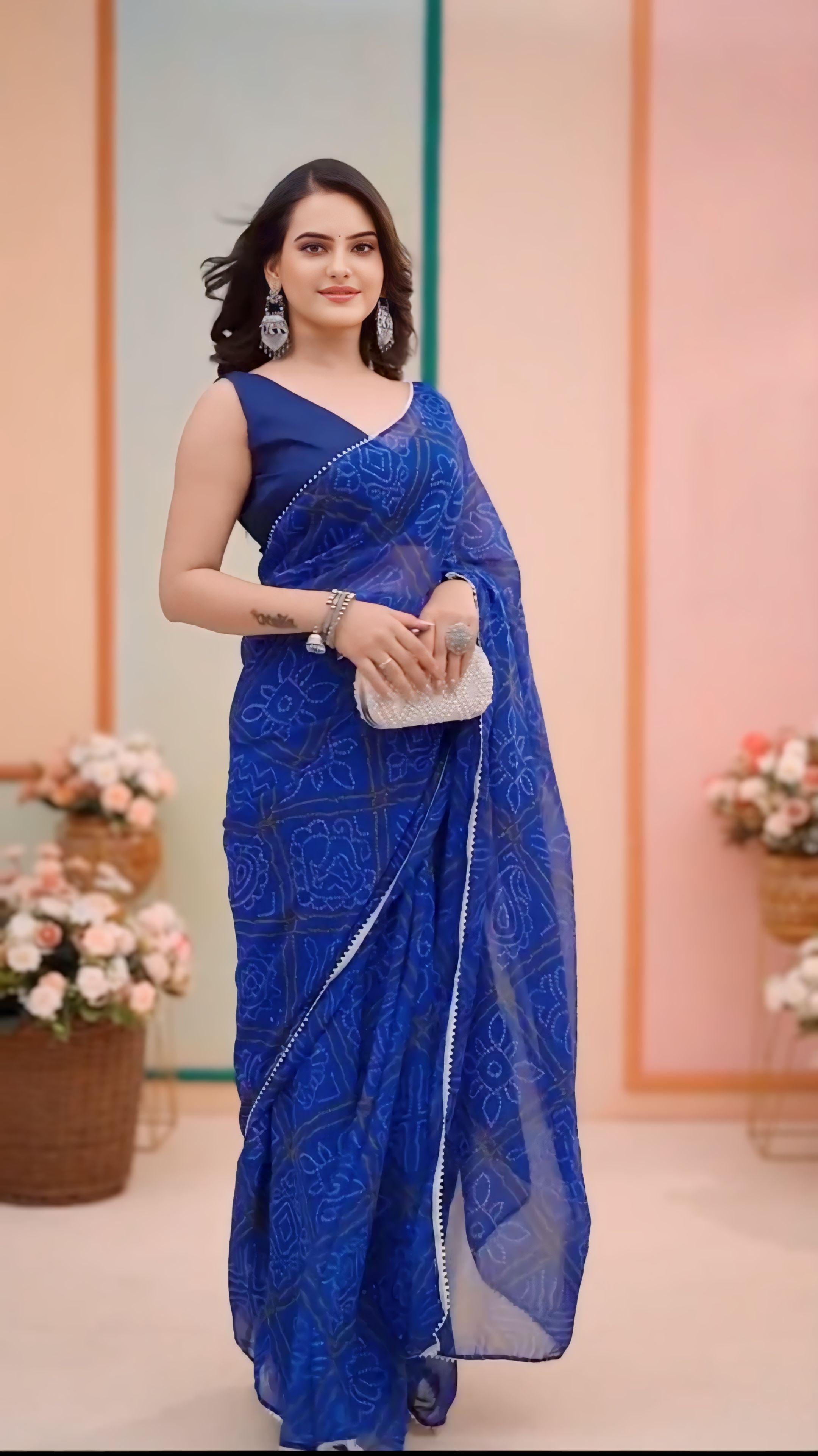 Delightful 1-Minute Ready To Wear Blue Bandhani Georgette Saree