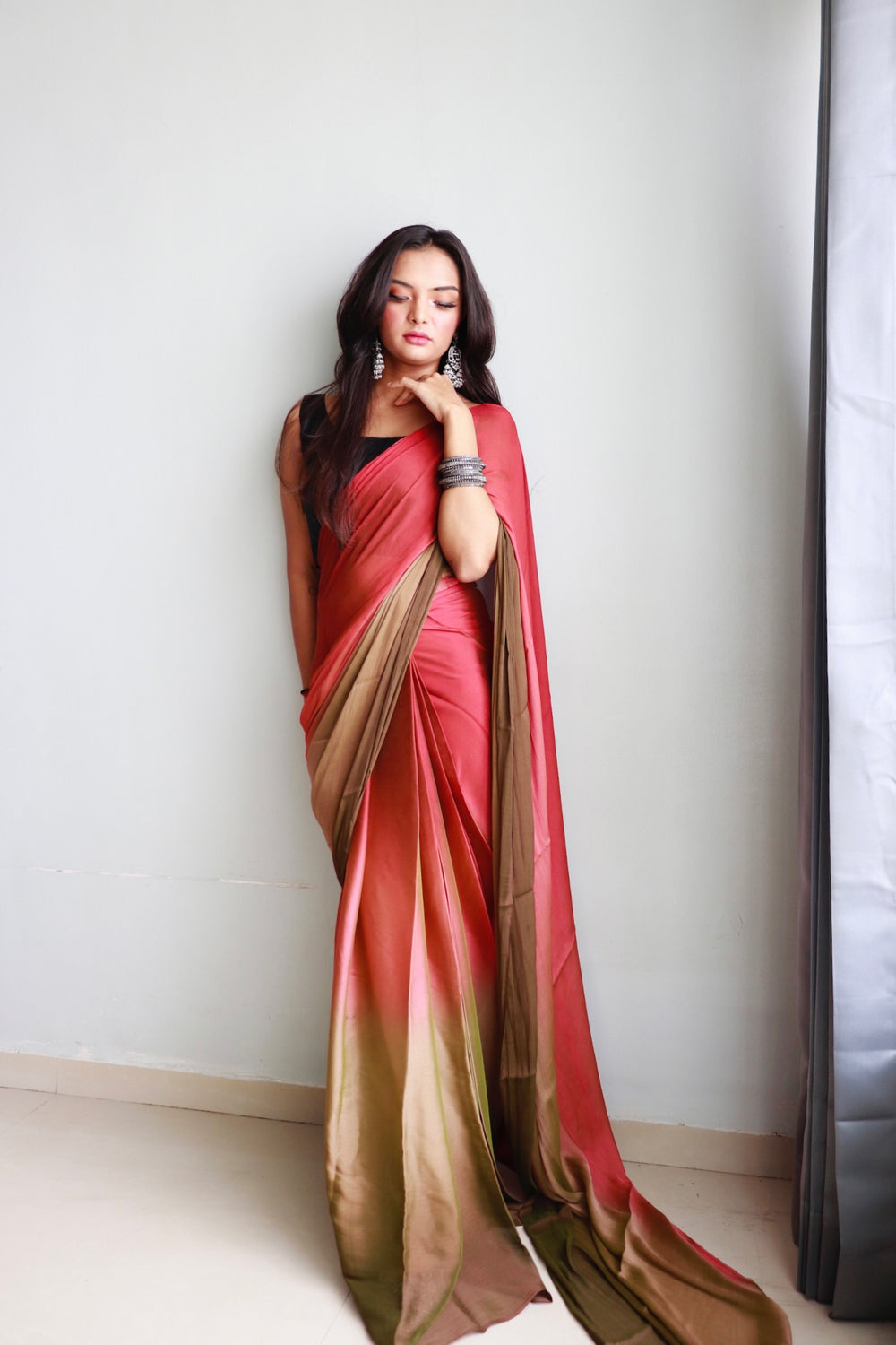 Sophisticated 1-Minute Ready To Wear Pink and Brown Chiffon Silk Saree