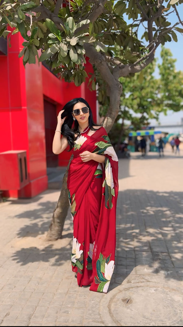 Beautiful Red Color Flowers Design Ready To Wear Saree