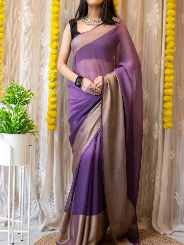 Purple Colour 1-Minute Ready To Wear Chiffon Silk Saree