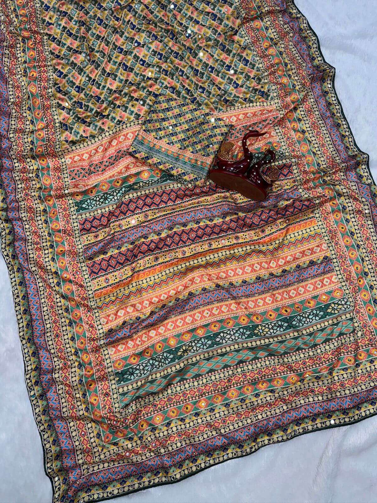 Smashing Multicolor Chinon Silk Printed Mirror Work Saree