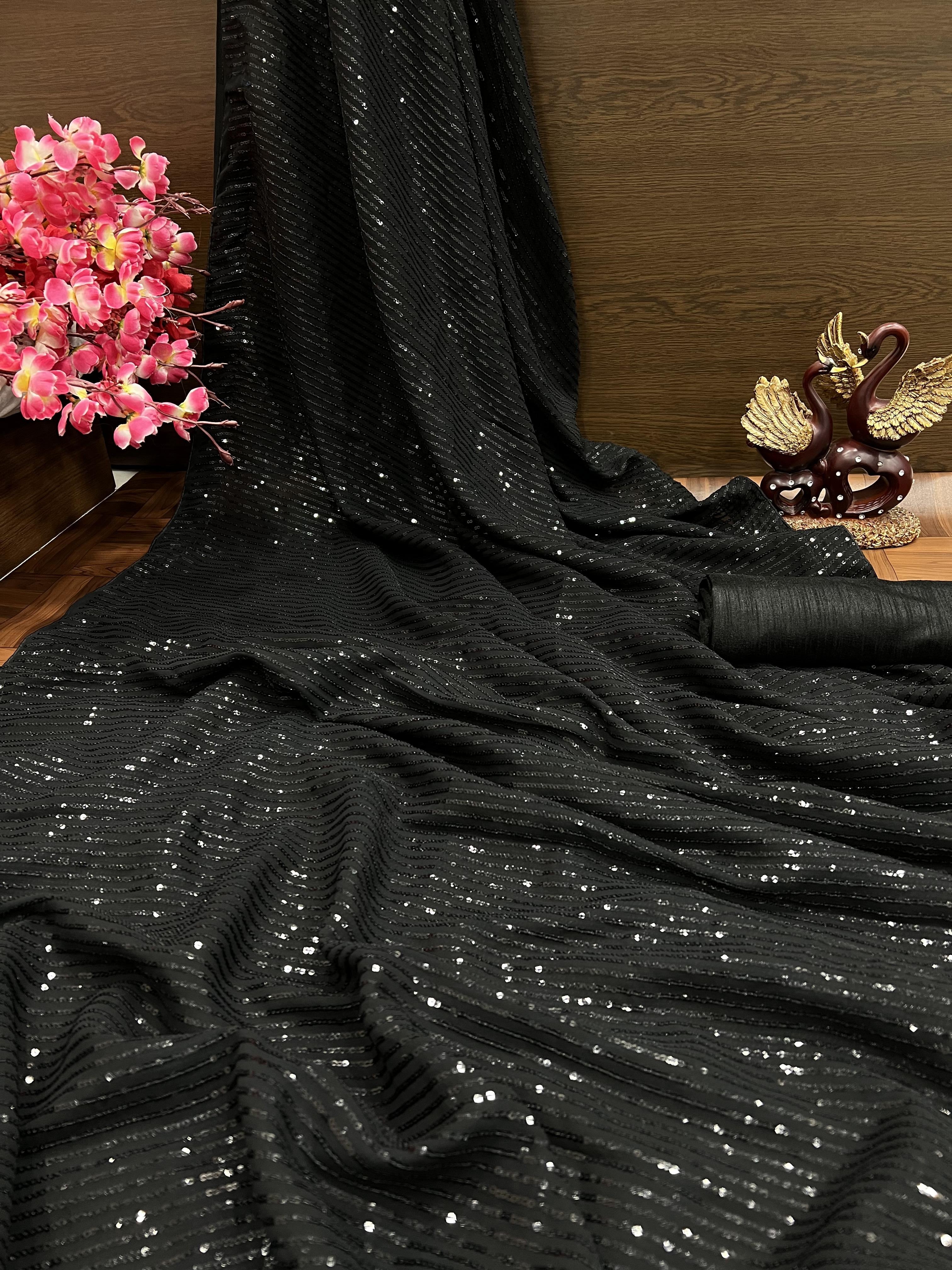 Black Satin Fancy Sequence Work Saree