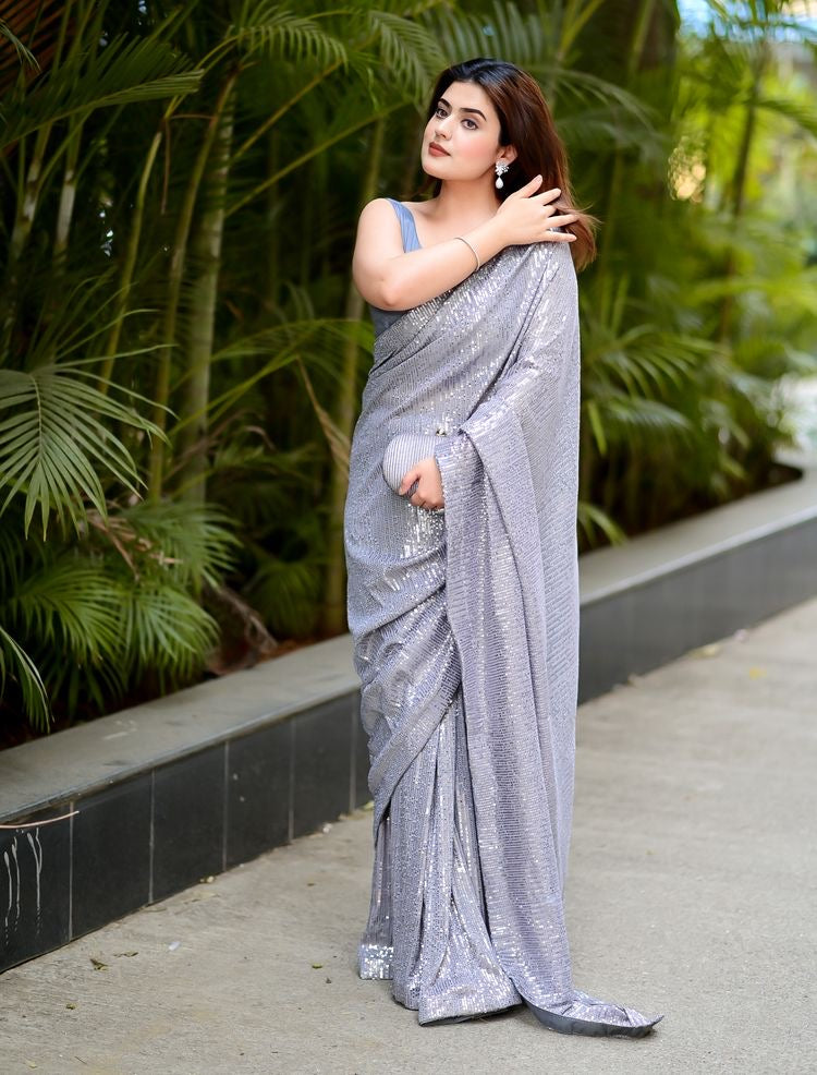 Grey Satin Fancy Sequence Work Saree