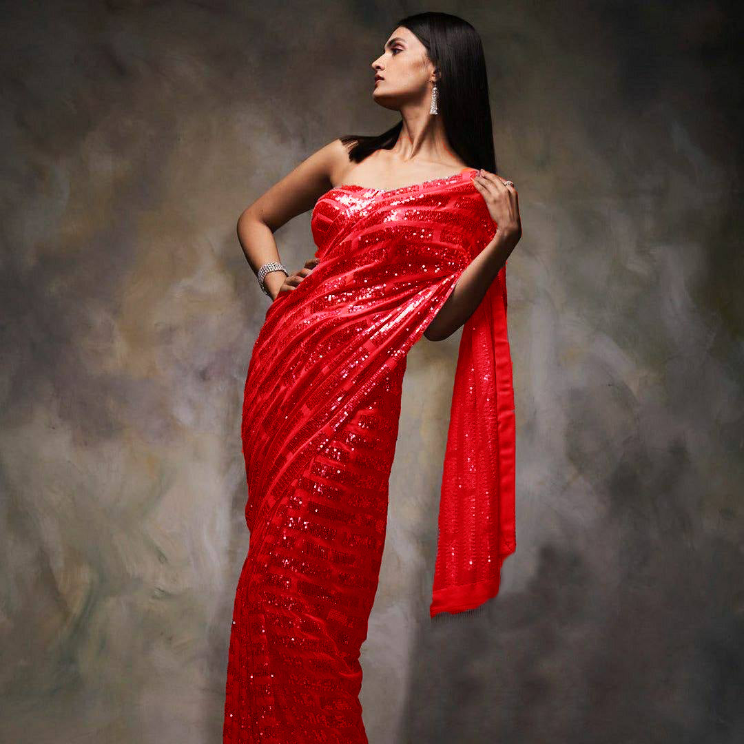 Metallic Red Sequence Work Saree