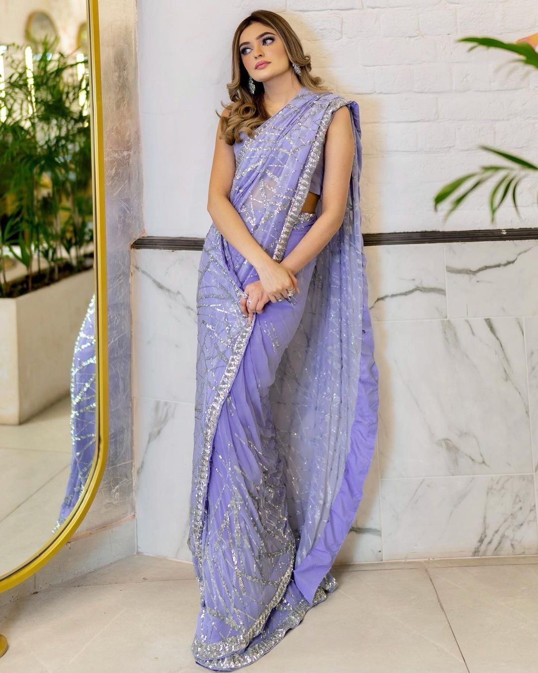 Light Lavender Sequins Embroidered Georgette Saree