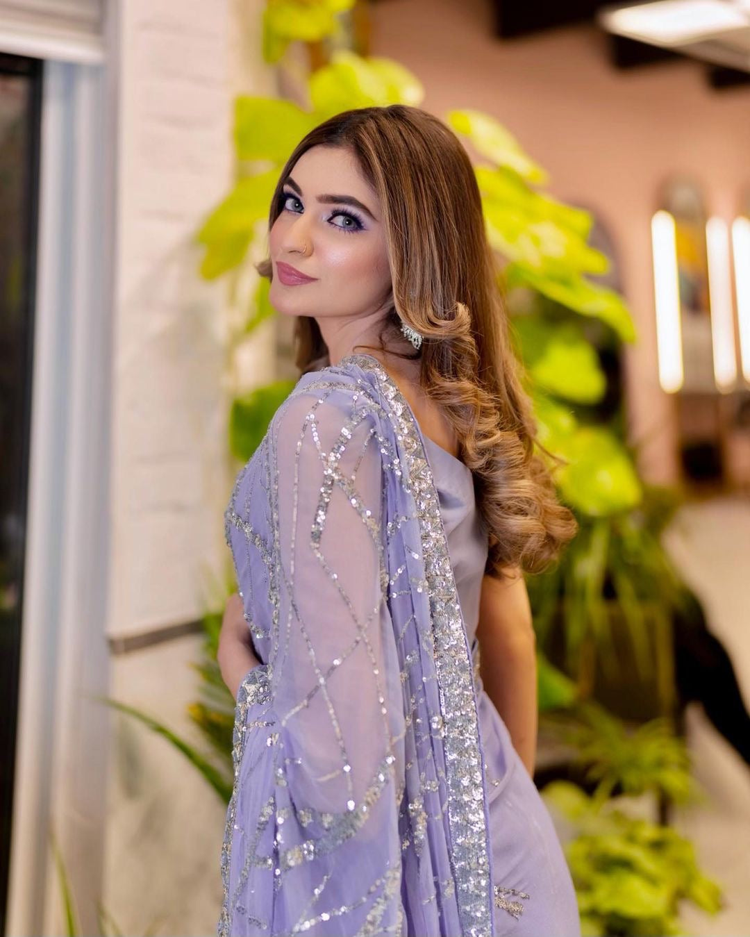 Light Lavender Sequins Embroidered Georgette Saree