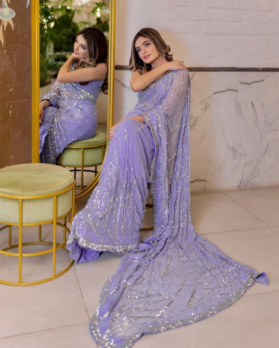 Light Lavender Sequins Embroidered Georgette Saree